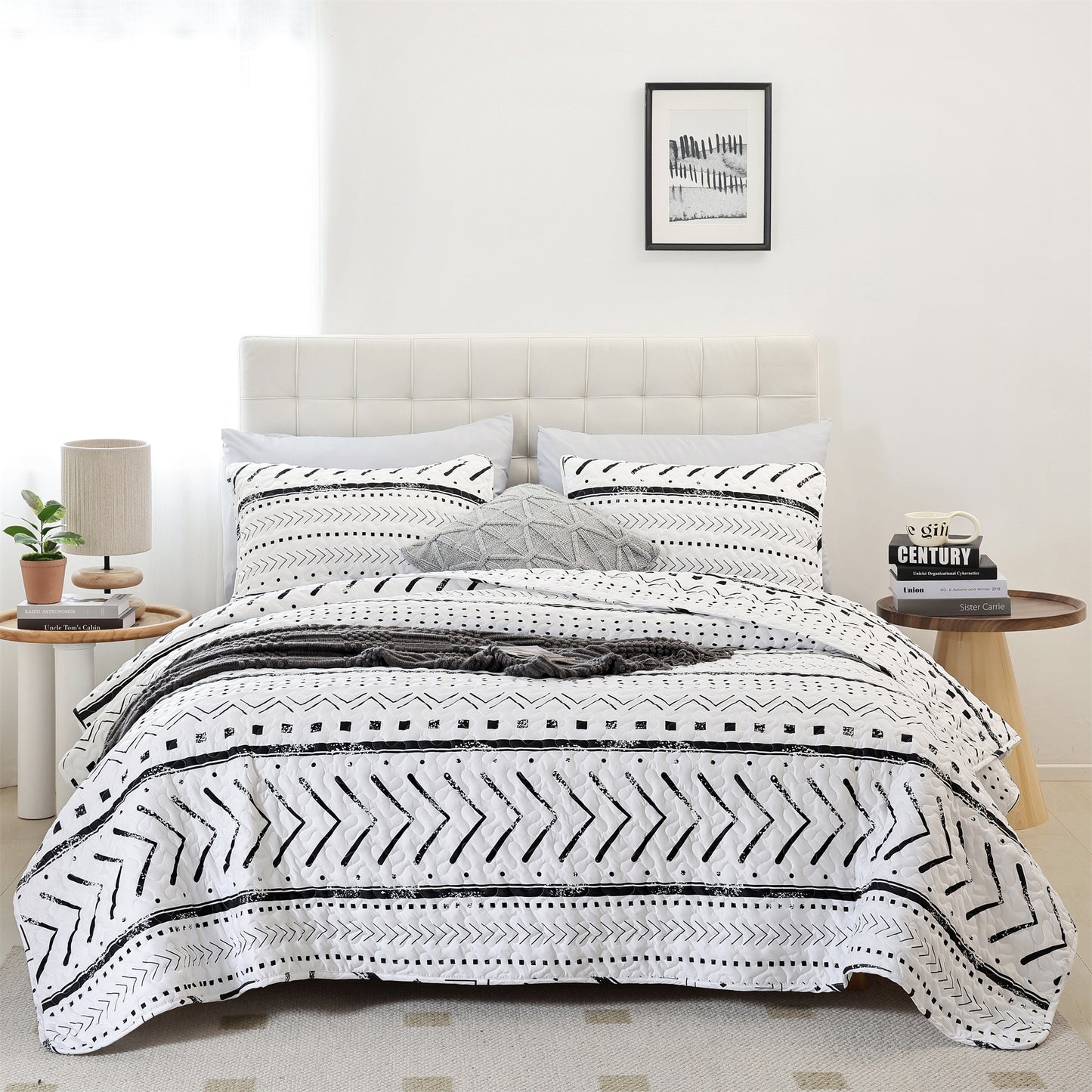 Quilt Set Lightweight Boho Bedding Bedspreads with Geometric Printed for All Season 3 Piece (1 Quilt, 2 Pillowcases)