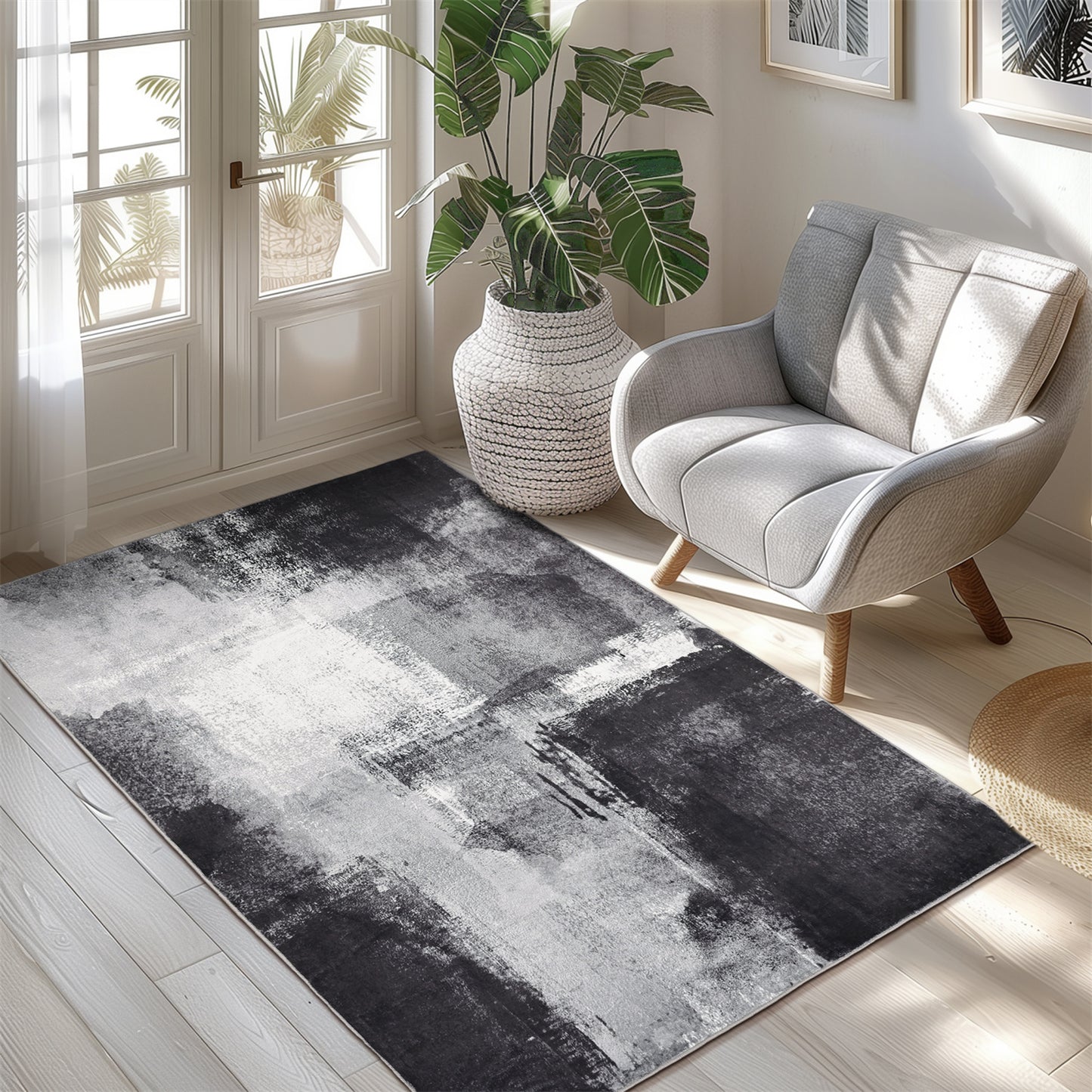 Abstract Area Rug for Kitchen & Indoor, Machine Washable Black Rugs with Non-Slip Backing