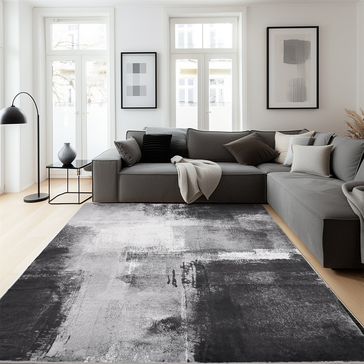 Abstract Area Rug for Kitchen & Indoor, Machine Washable Black Rugs with Non-Slip Backing