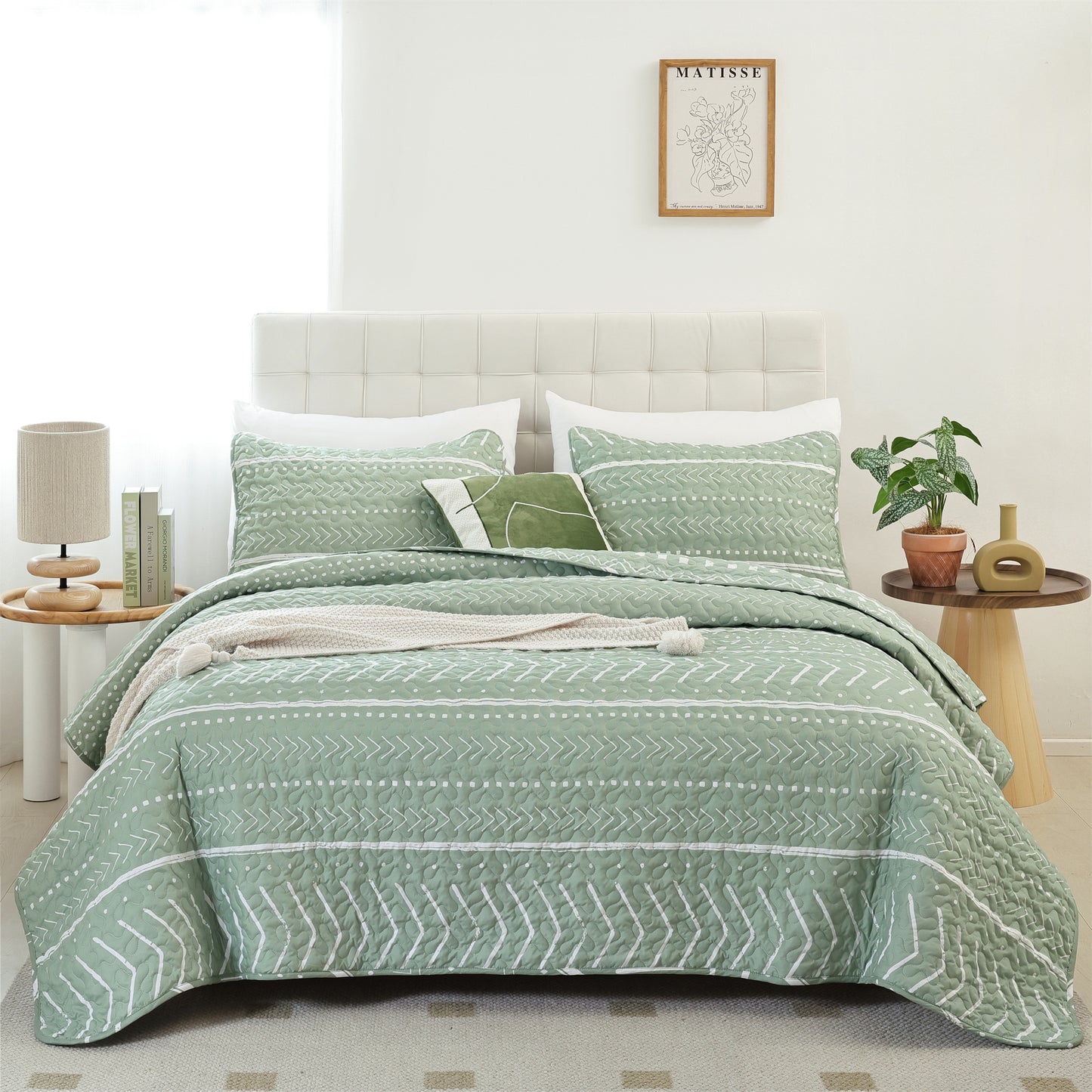 Quilt Set Lightweight Boho Bedding Bedspreads with Geometric Printed for All Season 3 Piece (1 Quilt, 2 Pillowcases)