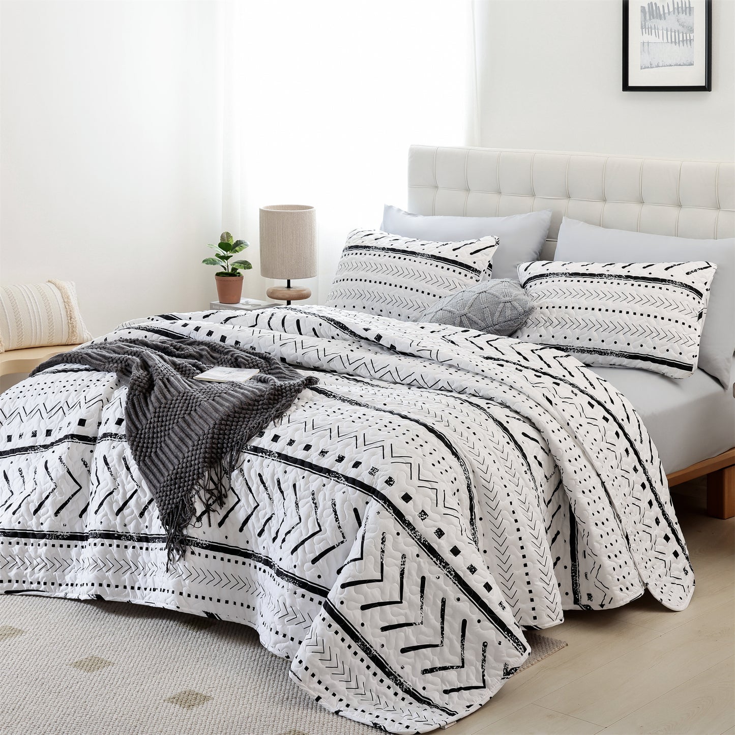 Quilt Set Lightweight Boho Bedding Bedspreads with Geometric Printed for All Season 3 Piece (1 Quilt, 2 Pillowcases)