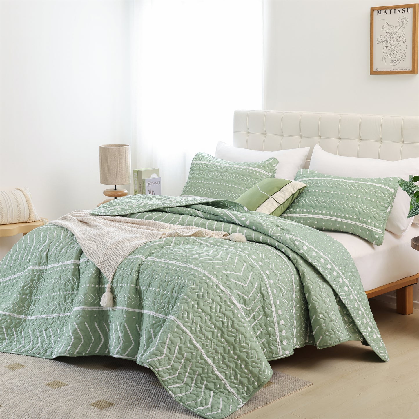 Quilt Set Lightweight Boho Bedding Bedspreads with Geometric Printed for All Season 3 Piece (1 Quilt, 2 Pillowcases)