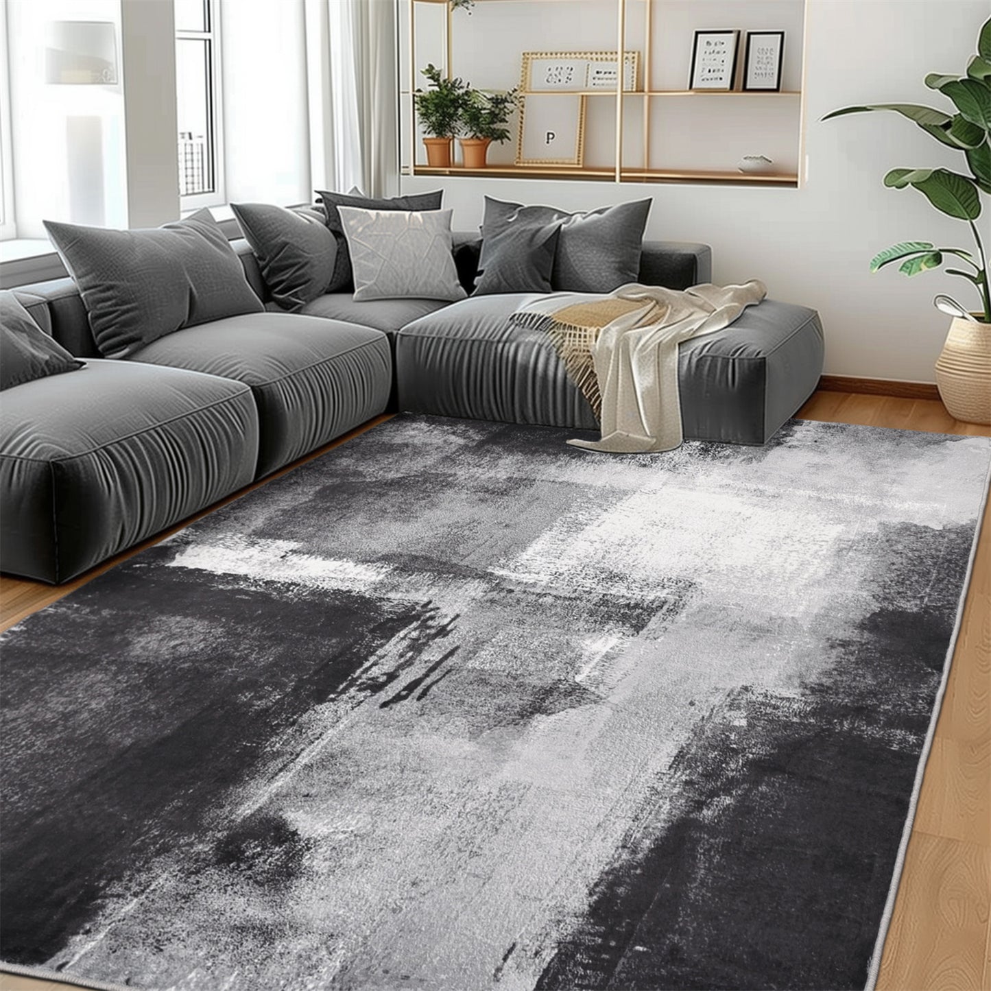 Abstract Area Rug for Kitchen & Indoor, Machine Washable Black Rugs with Non-Slip Backing