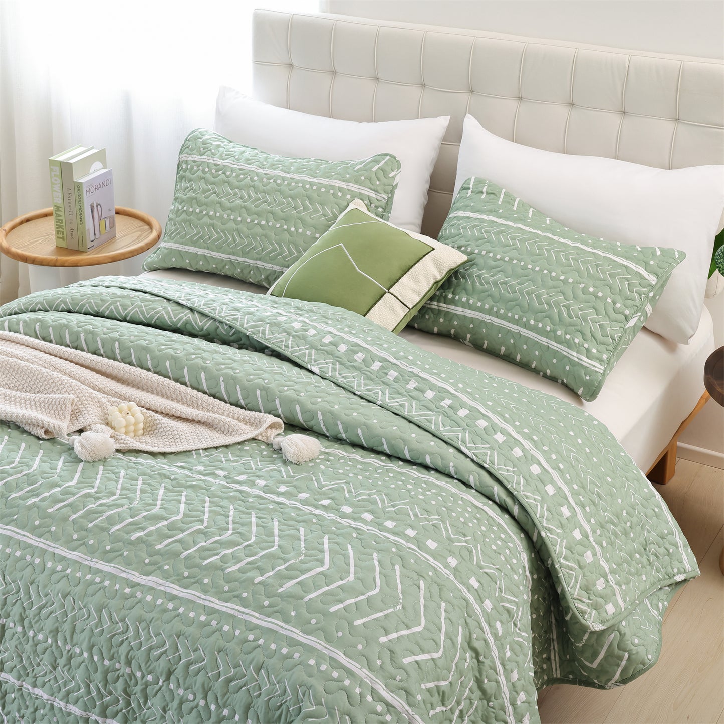 Quilt Set Lightweight Boho Bedding Bedspreads with Geometric Printed for All Season 3 Piece (1 Quilt, 2 Pillowcases)