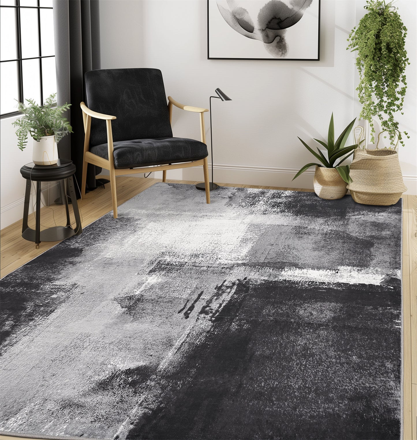Abstract Area Rug for Kitchen & Indoor, Machine Washable Black Rugs with Non-Slip Backing