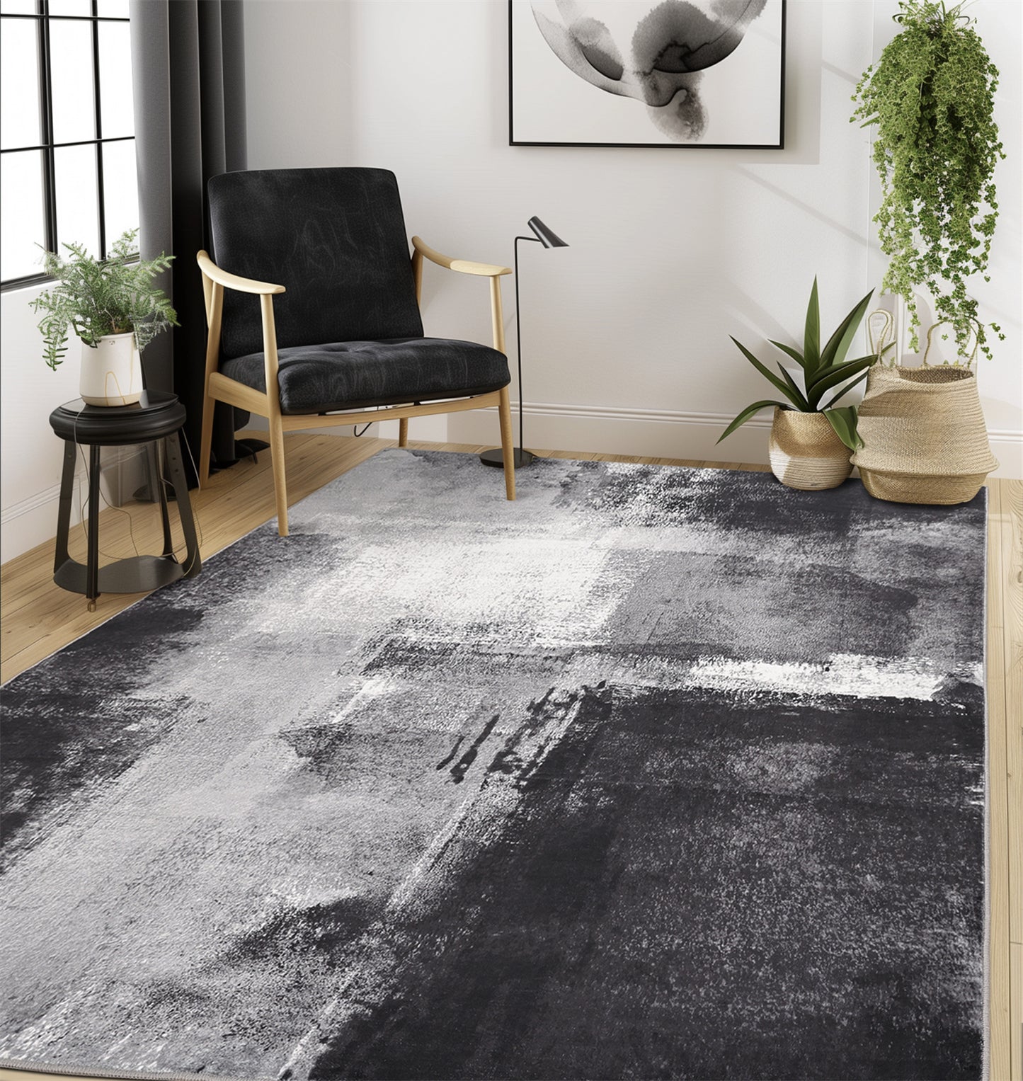 Abstract Area Rug for Kitchen & Indoor, Machine Washable Black Rugs with Non-Slip Backing