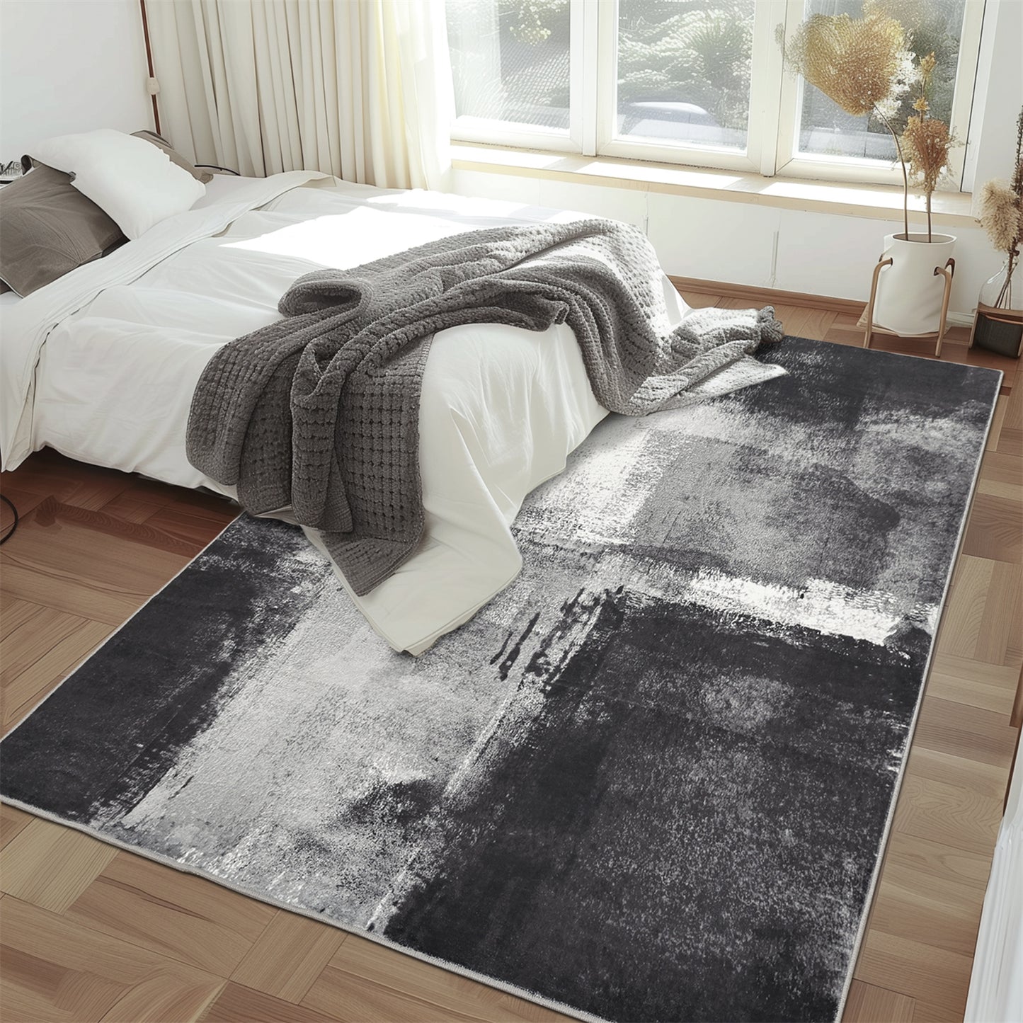 Abstract Area Rug for Kitchen & Indoor, Machine Washable Black Rugs with Non-Slip Backing
