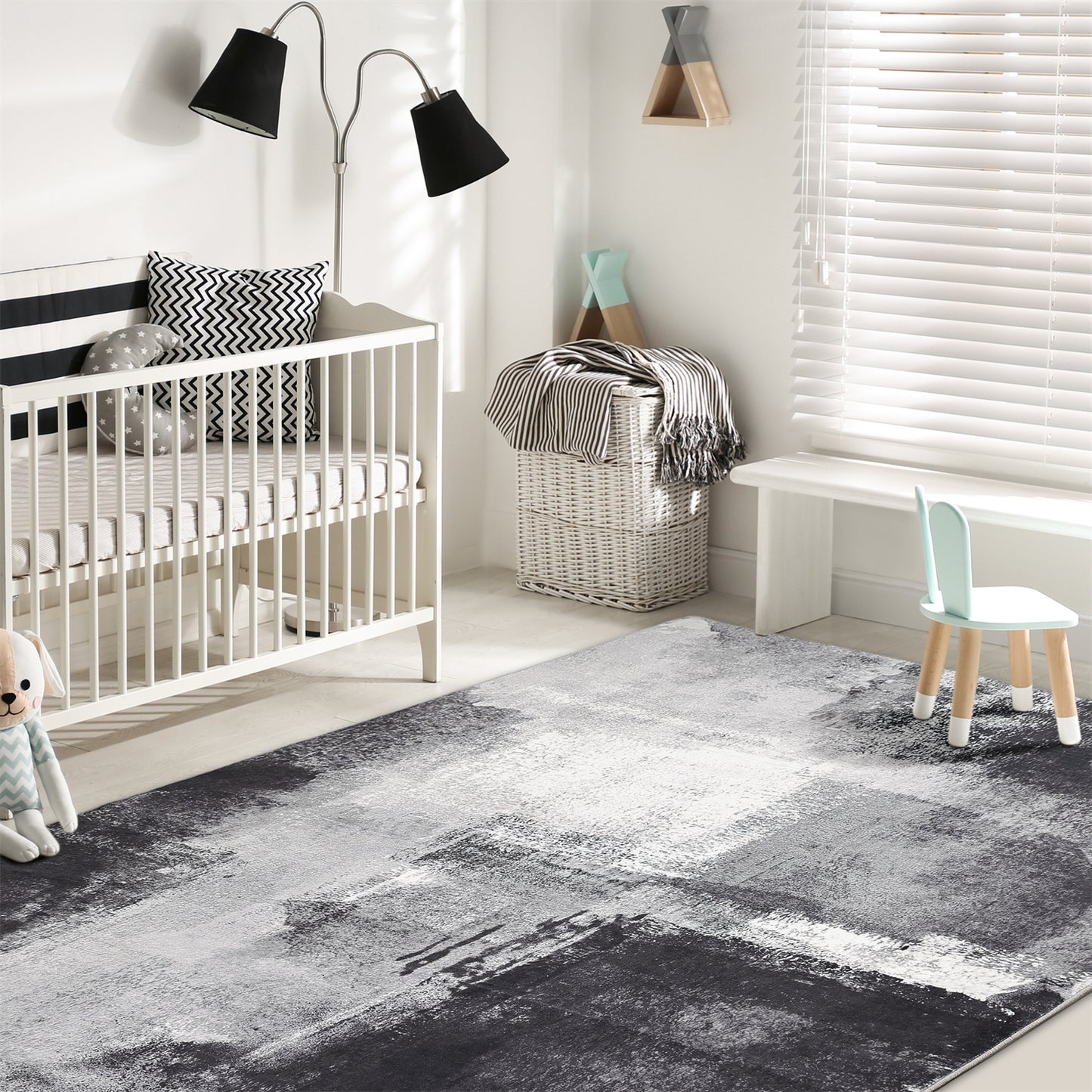 Abstract Area Rug for Kitchen & Indoor, Machine Washable Black Rugs with Non-Slip Backing