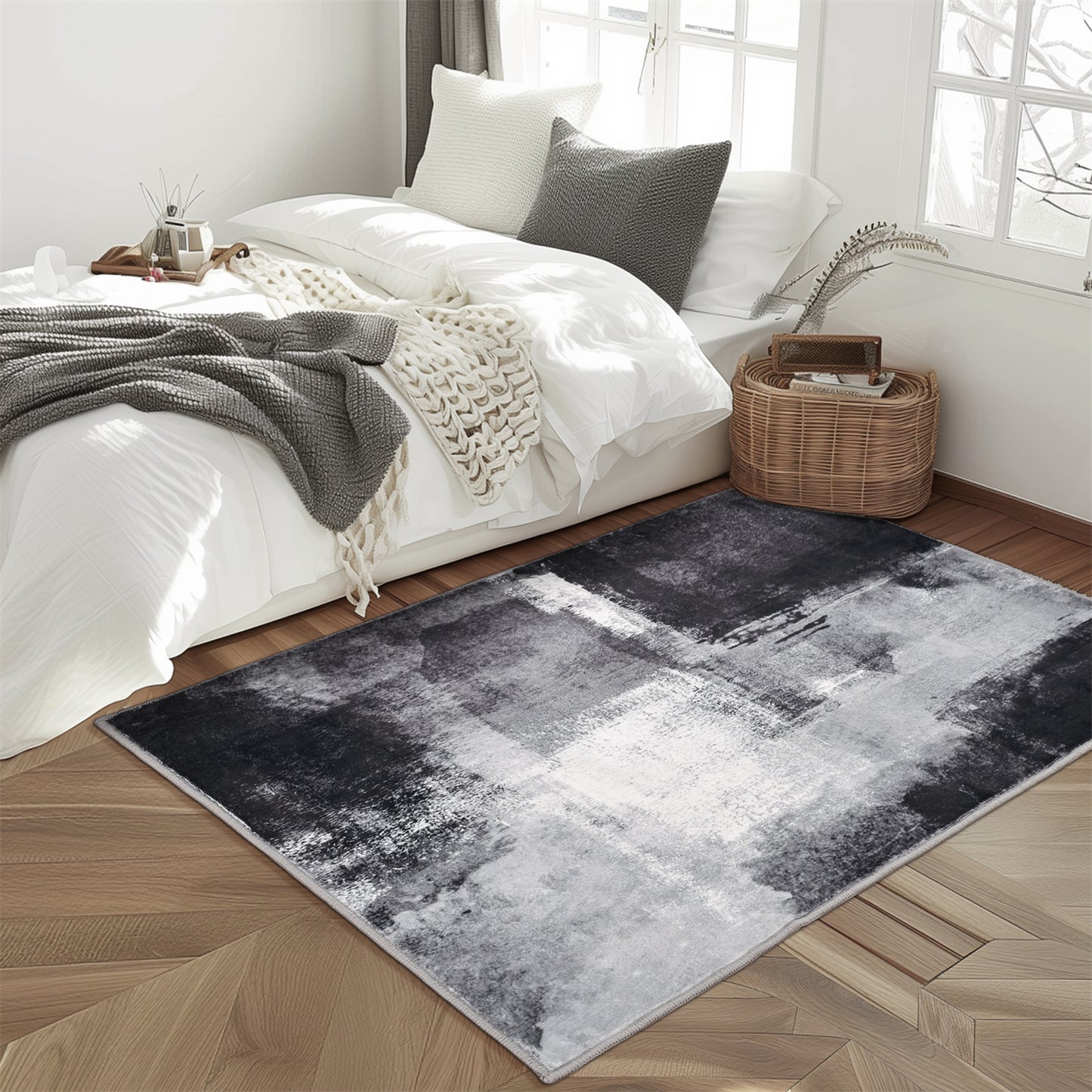 Abstract Area Rug for Kitchen & Indoor, Machine Washable Black Rugs with Non-Slip Backing