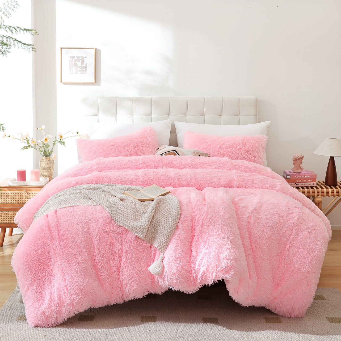 Sprinday 3-Piece Shaggy Plush Duvet Cover Set,Fuzzy Fluffy Bedding Set with 2 Pillow Shams,Zipper Closure