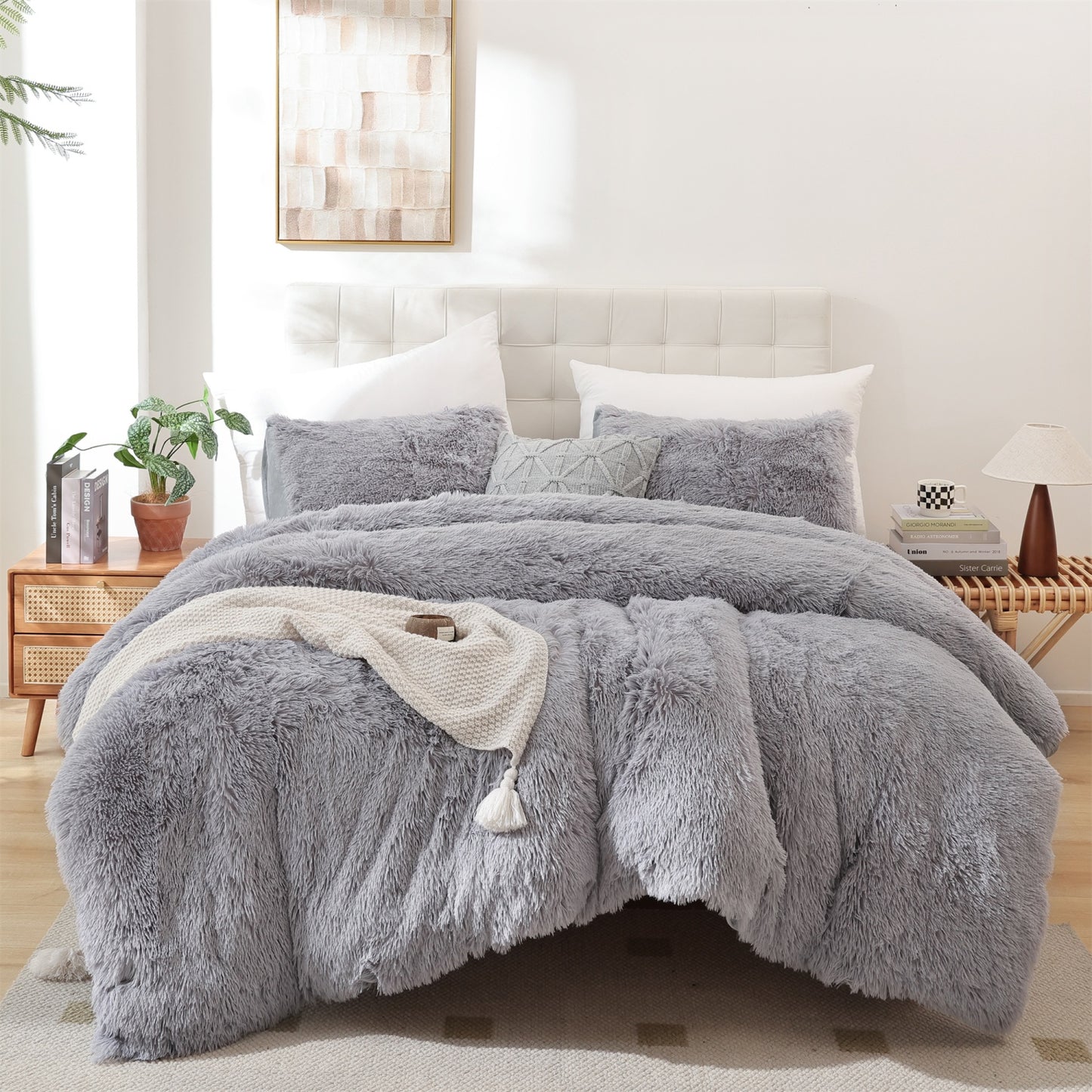 Sprinday 3-Piece Shaggy Plush Duvet Cover Set,Fuzzy Fluffy Bedding Set with 2 Pillow Shams,Zipper Closure
