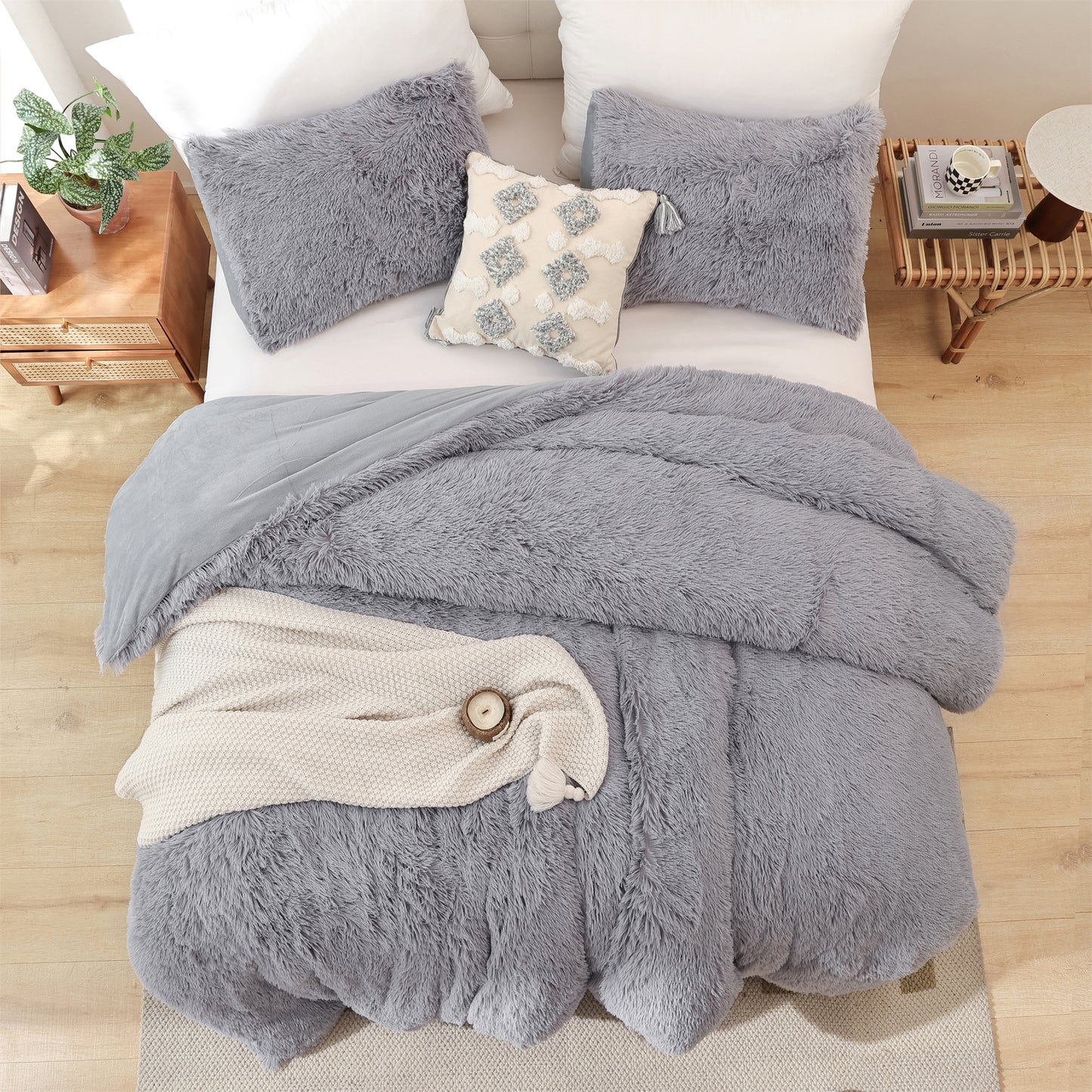 Sprinday 3-Piece Shaggy Plush Duvet Cover Set,Fuzzy Fluffy Bedding Set with 2 Pillow Shams,Zipper Closure