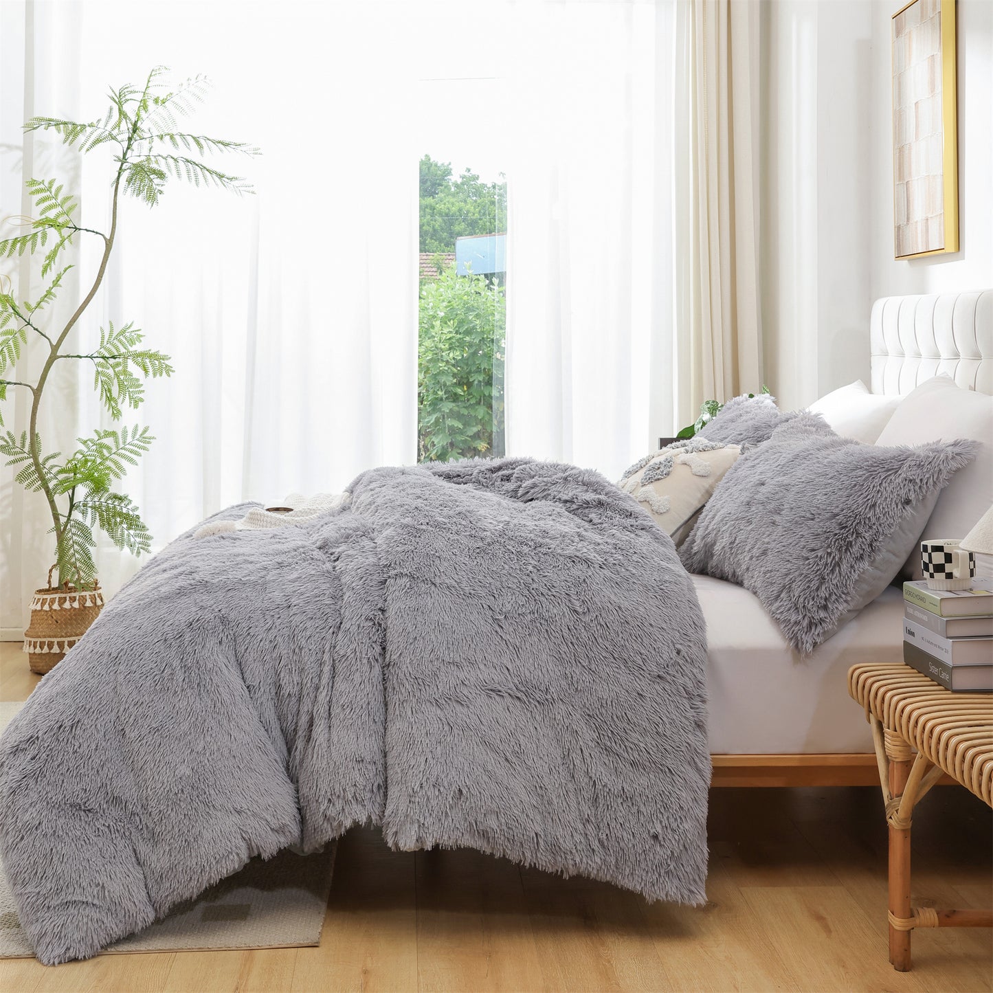 Sprinday 3-Piece Shaggy Plush Duvet Cover Set,Fuzzy Fluffy Bedding Set with 2 Pillow Shams,Zipper Closure