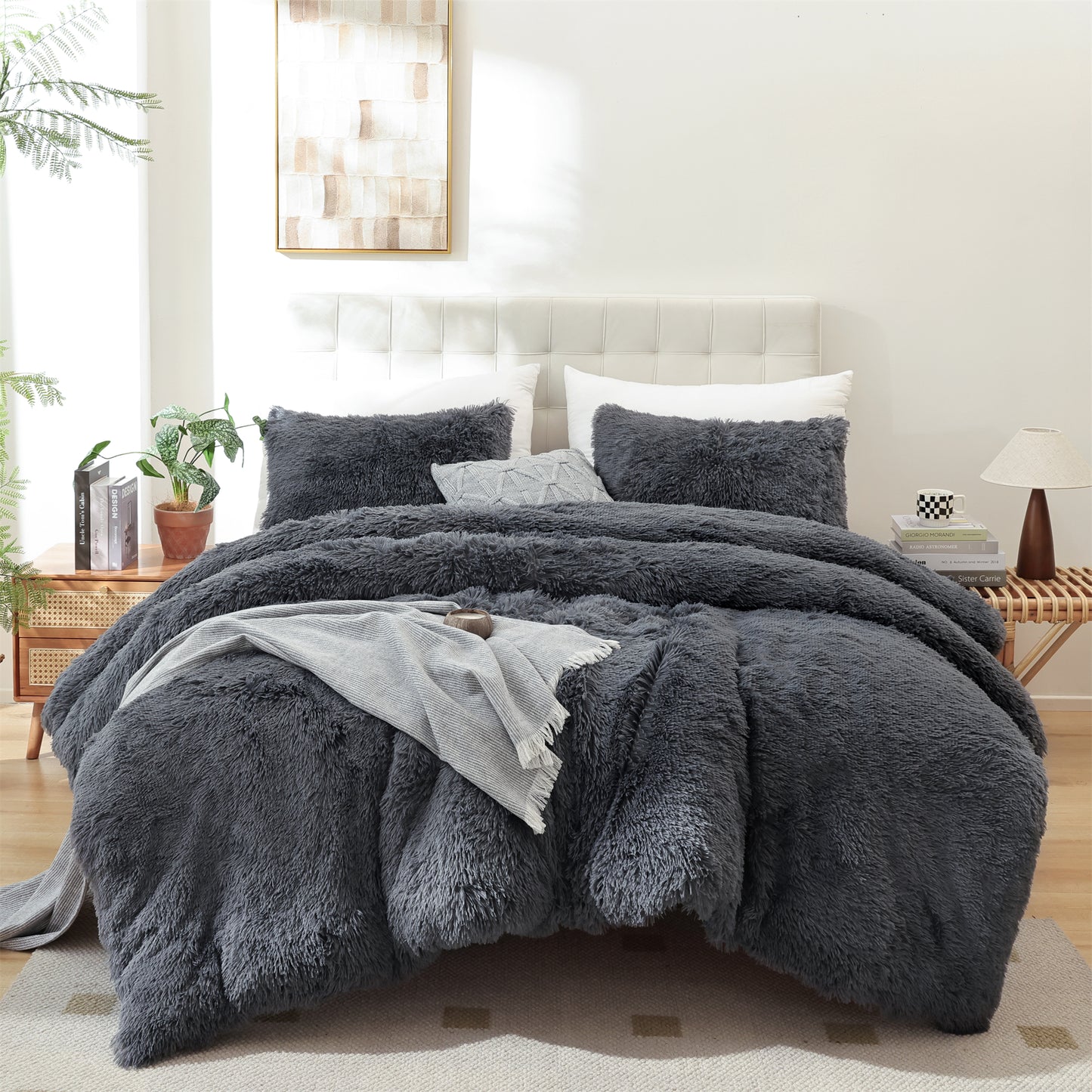 Sprinday 3-Piece Shaggy Plush Duvet Cover Set,Fuzzy Fluffy Bedding Set with 2 Pillow Shams,Zipper Closure