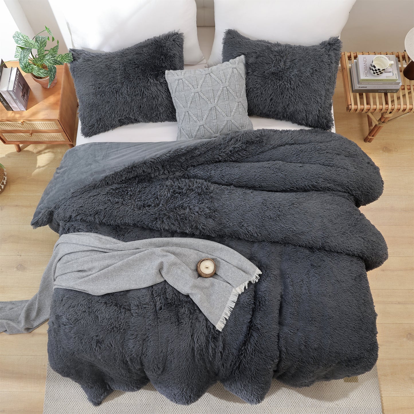 Sprinday 3-Piece Shaggy Plush Duvet Cover Set,Fuzzy Fluffy Bedding Set with 2 Pillow Shams,Zipper Closure