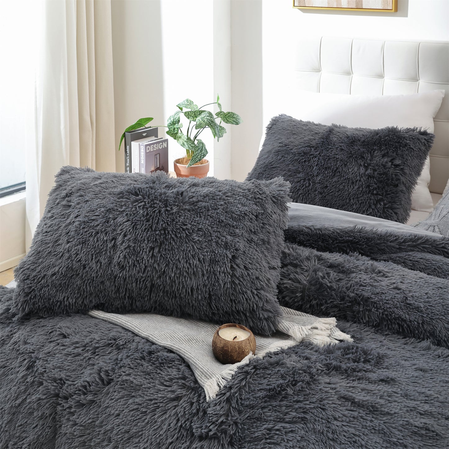 Sprinday 3-Piece Shaggy Plush Duvet Cover Set,Fuzzy Fluffy Bedding Set with 2 Pillow Shams,Zipper Closure