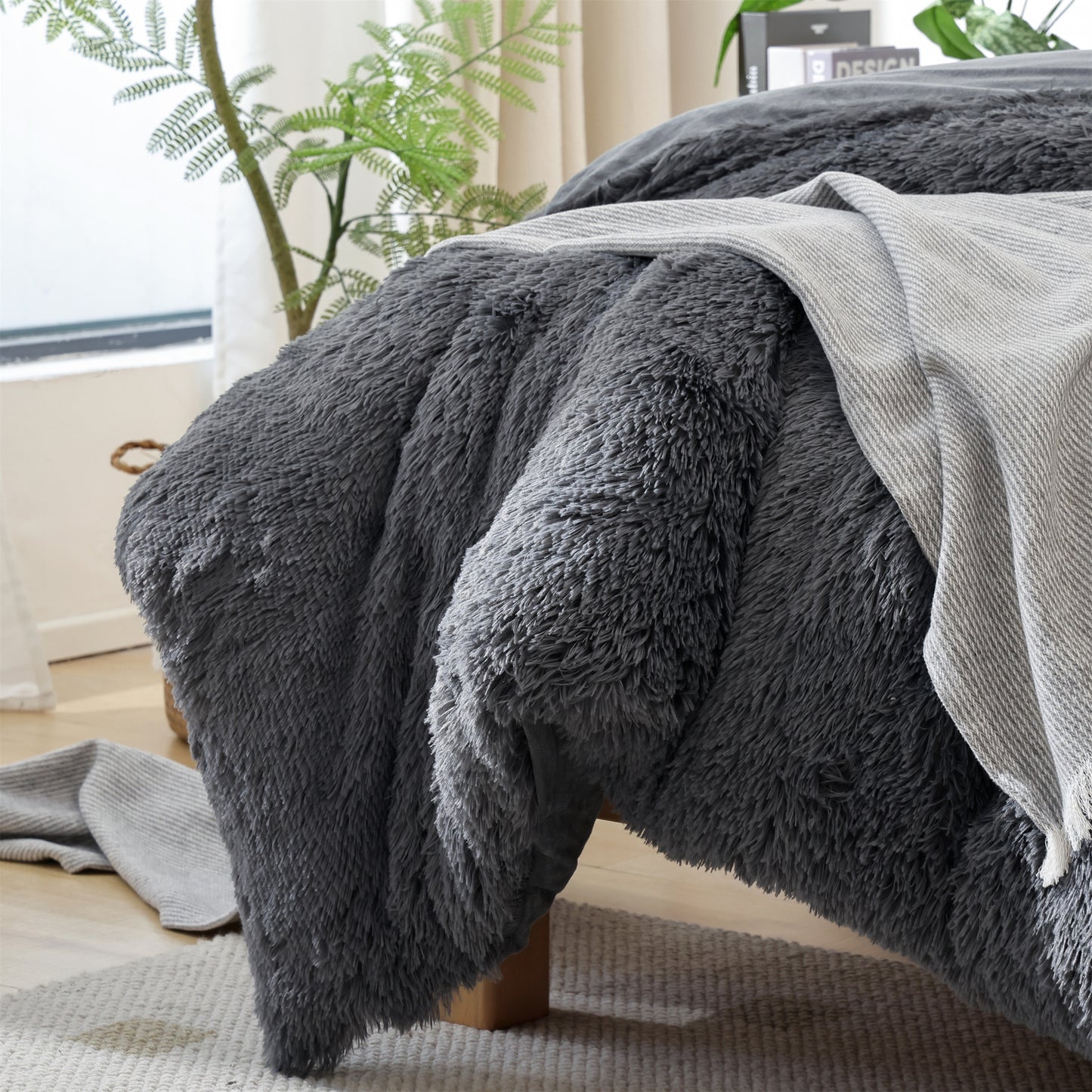 Sprinday 3-Piece Shaggy Plush Duvet Cover Set,Fuzzy Fluffy Bedding Set with 2 Pillow Shams,Zipper Closure