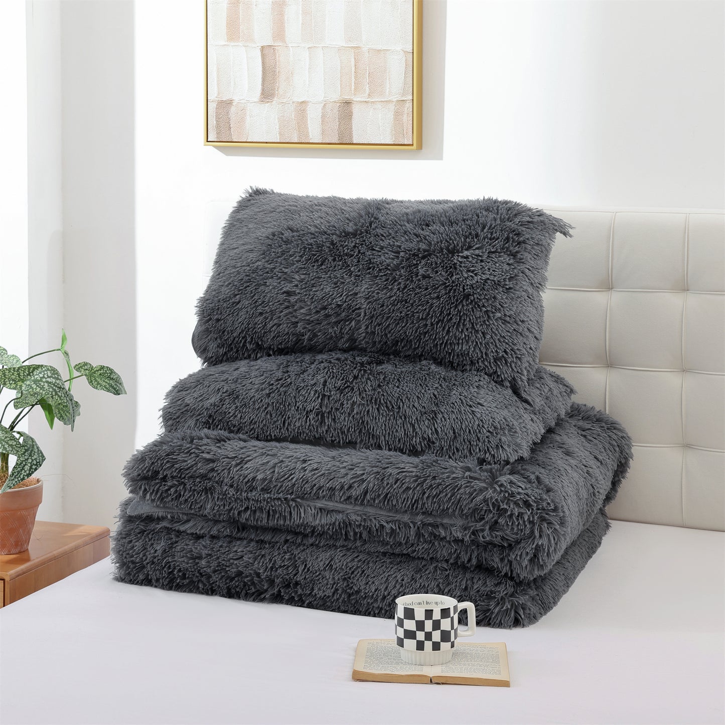 Sprinday 3-Piece Shaggy Plush Duvet Cover Set,Fuzzy Fluffy Bedding Set with 2 Pillow Shams,Zipper Closure