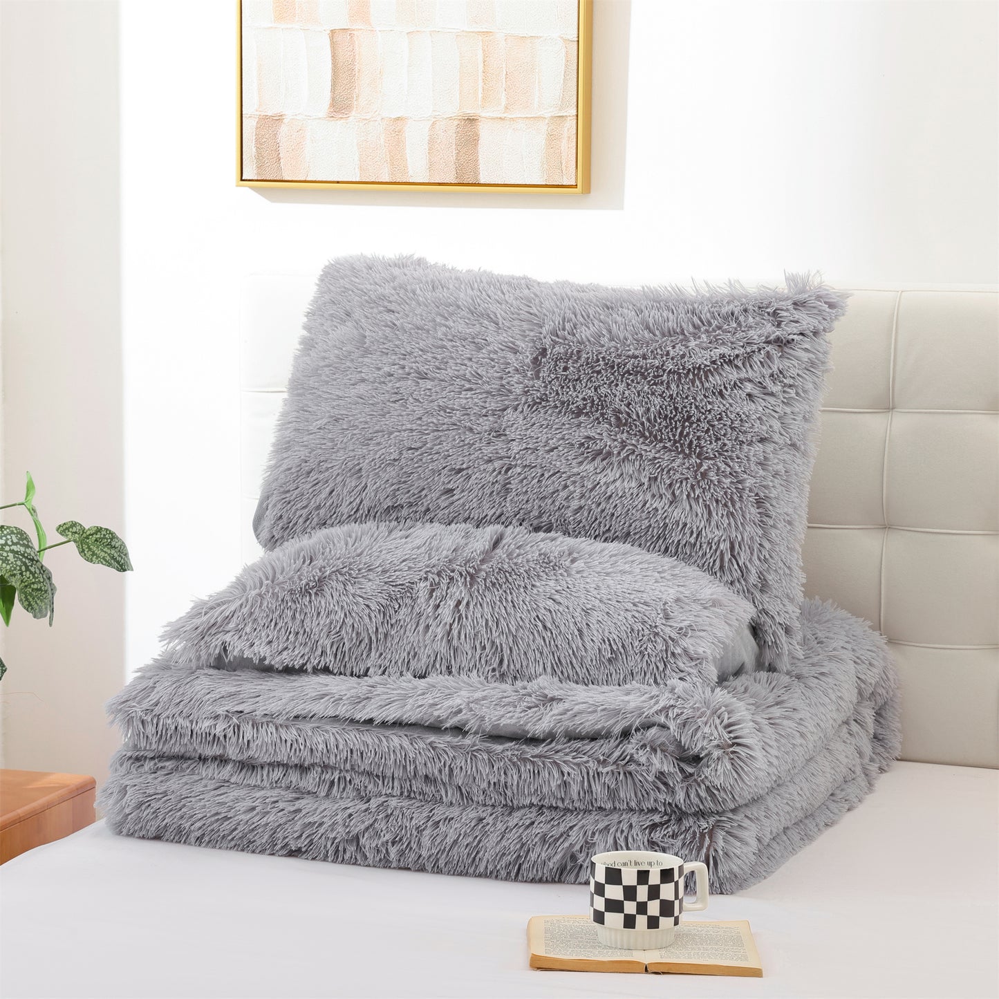 Sprinday 3-Piece Shaggy Plush Duvet Cover Set,Fuzzy Fluffy Bedding Set with 2 Pillow Shams,Zipper Closure