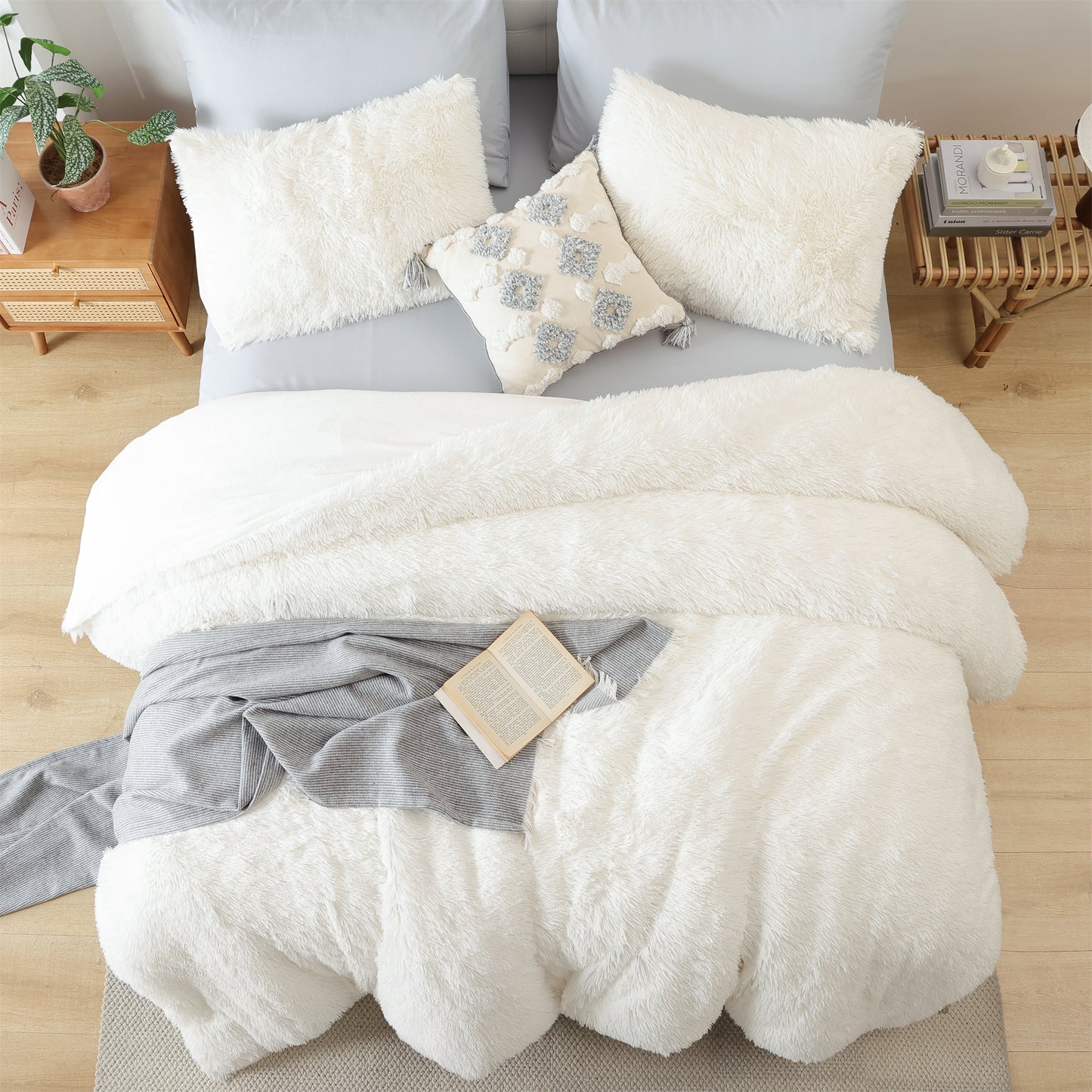 Sprinday 3-Piece Shaggy Plush Duvet Cover Set,Fuzzy Fluffy Bedding Set with 2 Pillow Shams,Zipper Closure