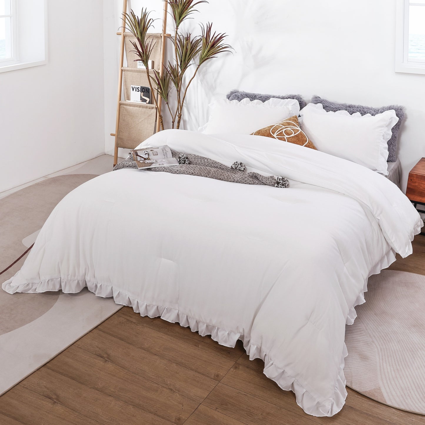 SPRINDAY Ruffled Queen Comforter Set, 3 Piece Bed in a Bag Soft Fluffy Comforter Set For All Season