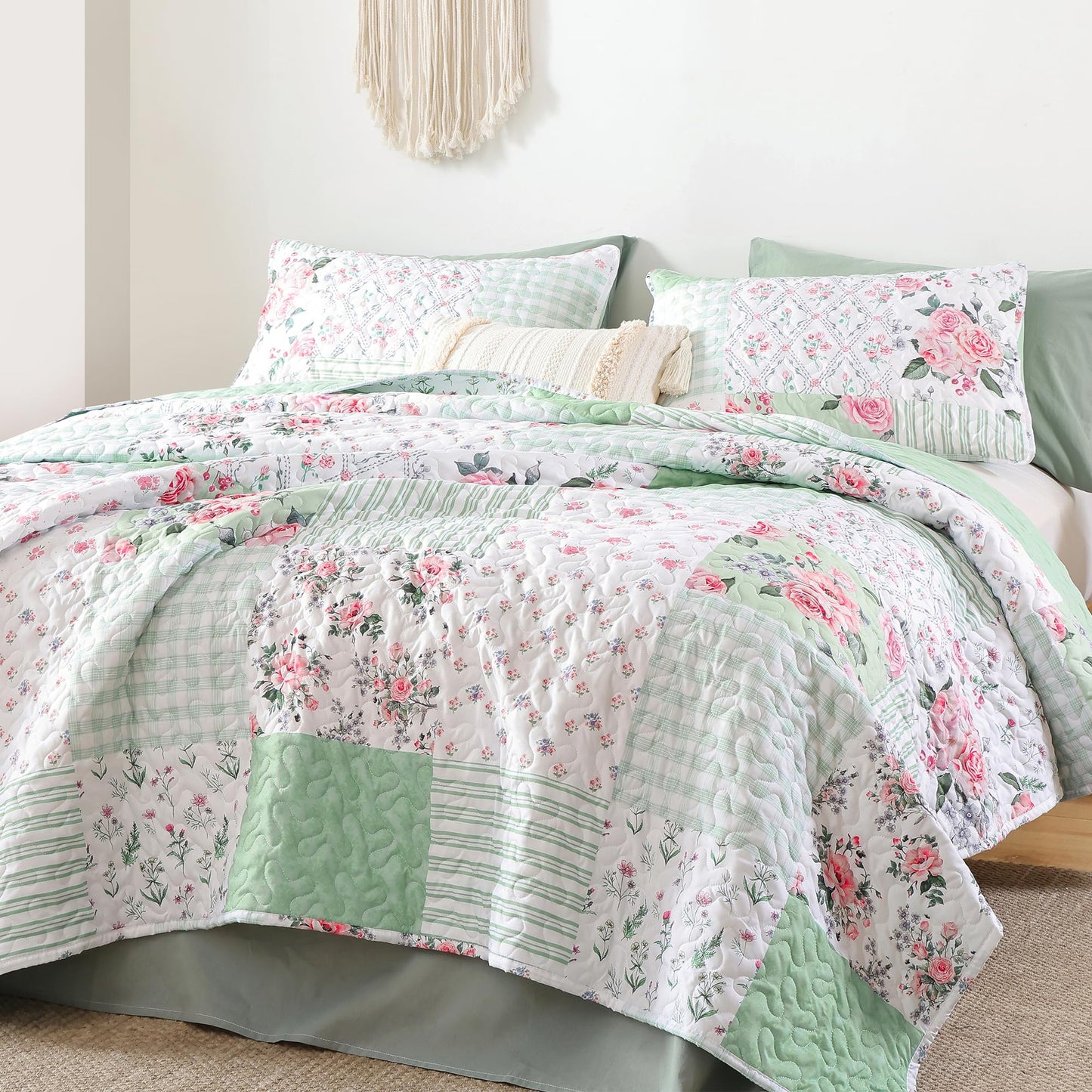 Quilt Set Lightweight Boho Bedding Bedspreads with Geometric Printed for All Season 3 Piece (1 Quilt, 2 Pillowcases)