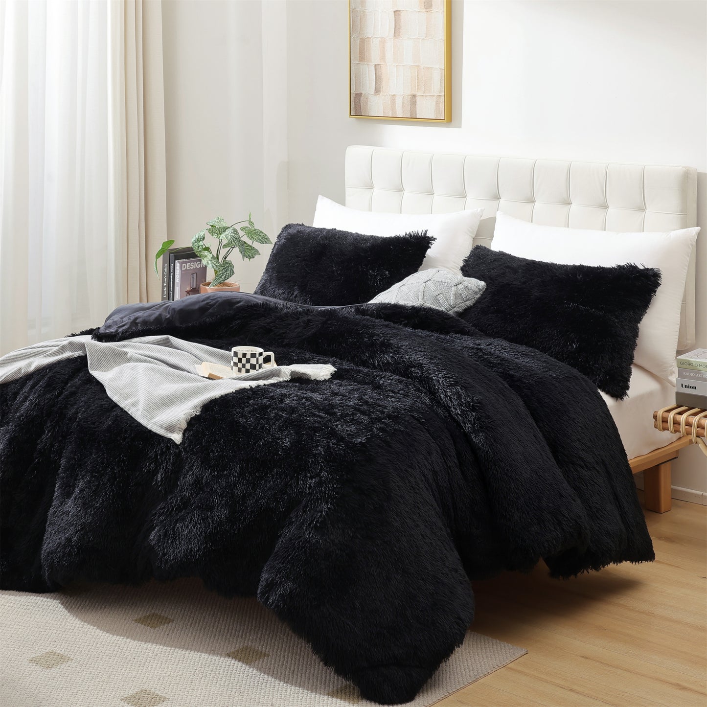 Sprinday 3-Piece Shaggy Plush Duvet Cover Set,Fuzzy Fluffy Bedding Set with 2 Pillow Shams,Zipper Closure