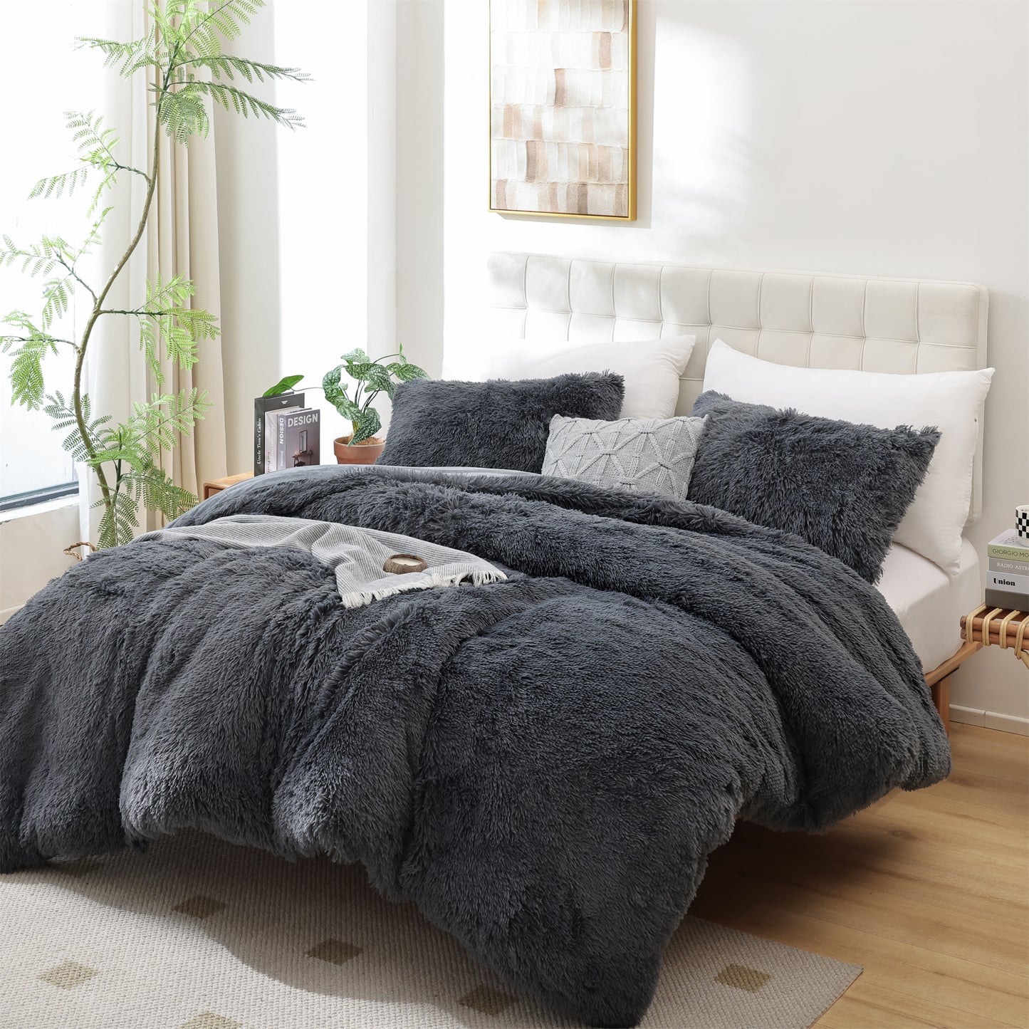 Sprinday 3-Piece Shaggy Plush Duvet Cover Set,Fuzzy Fluffy Bedding Set with 2 Pillow Shams,Zipper Closure