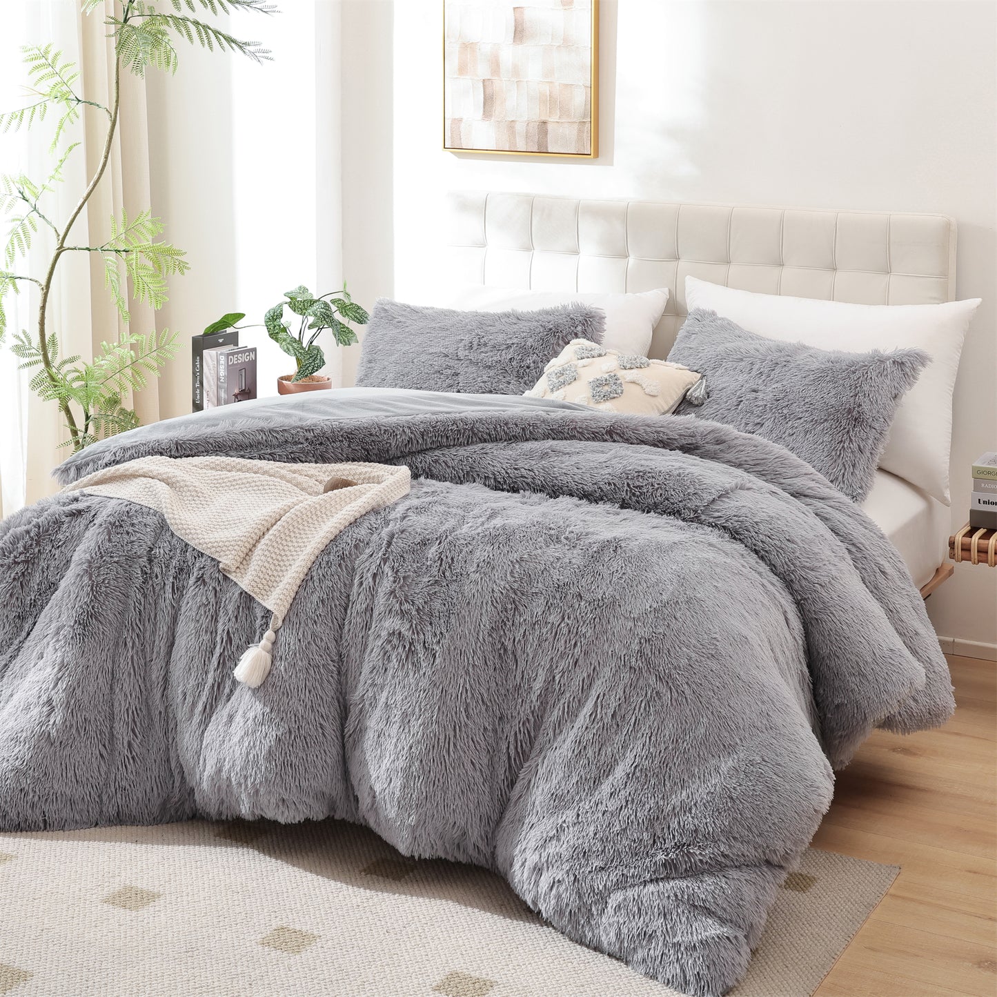Sprinday 3-Piece Shaggy Plush Duvet Cover Set,Fuzzy Fluffy Bedding Set with 2 Pillow Shams,Zipper Closure