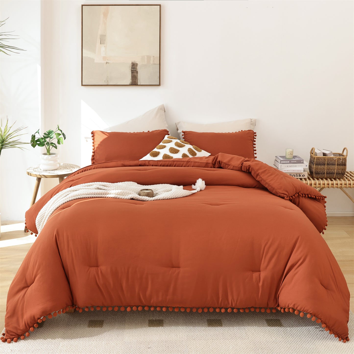 SPRINDAY 3 Piece Ball Pom Fringe Design Comforter Set For All Seasons - Full, Terracotta Red