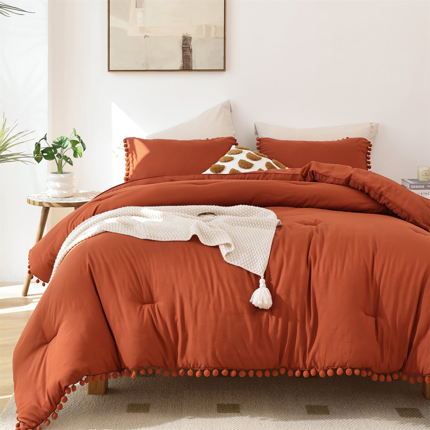 SPRINDAY 3 Piece Ball Pom Fringe Design Comforter Set For All Seasons - Full, Terracotta Red