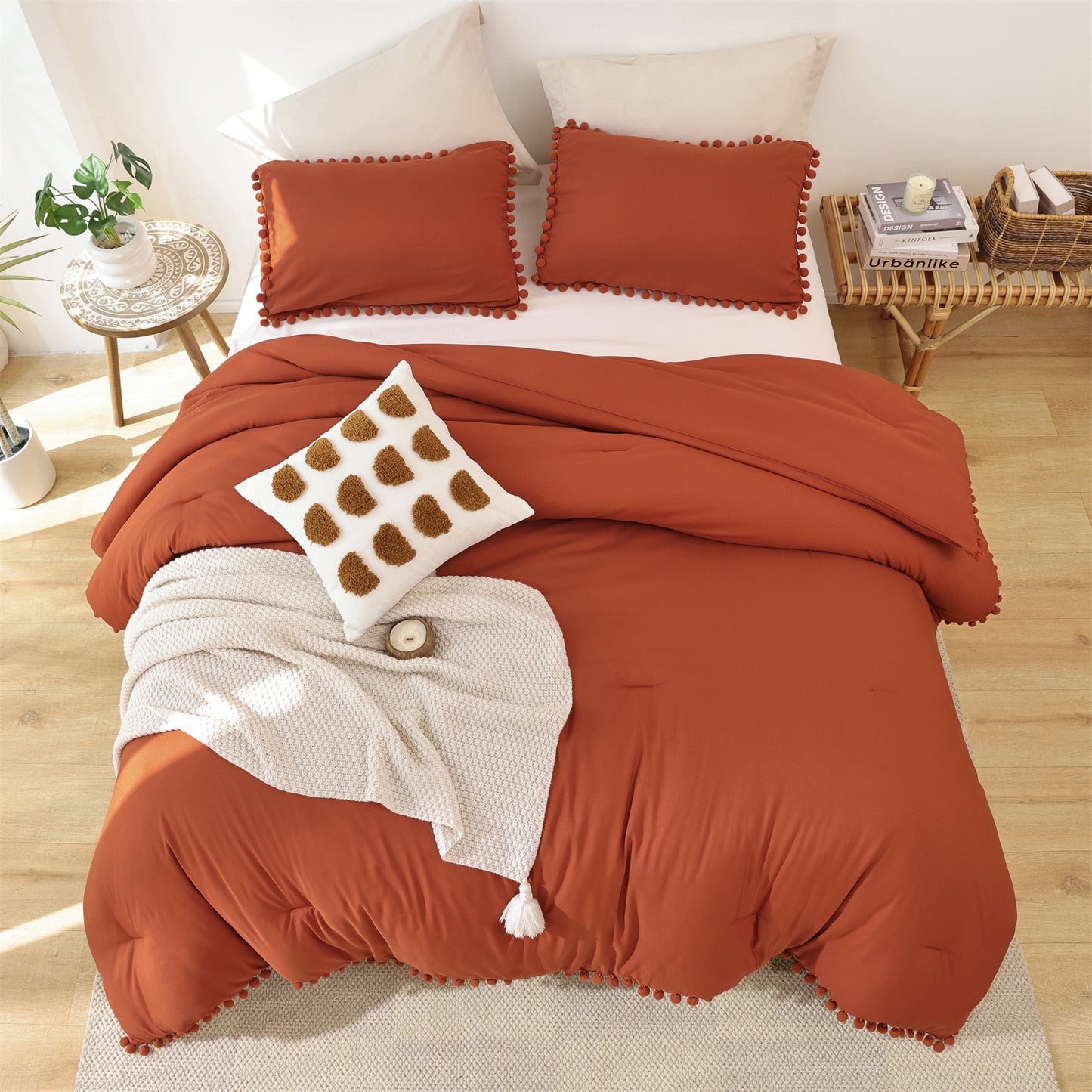 SPRINDAY 3 Piece Ball Pom Fringe Design Comforter Set For All Seasons - Full, Terracotta Red