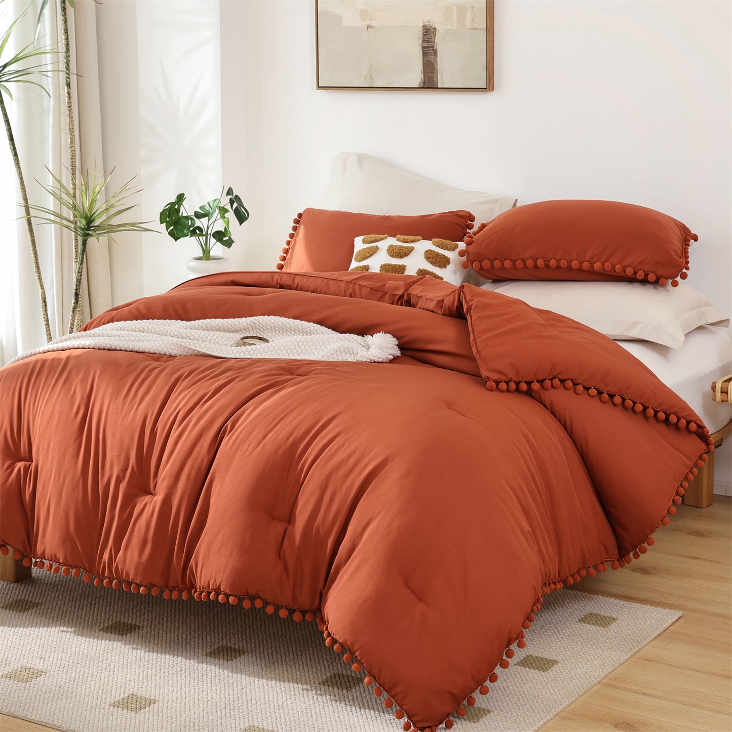 SPRINDAY 3 Piece Ball Pom Fringe Design Comforter Set For All Seasons - Full, Terracotta Red