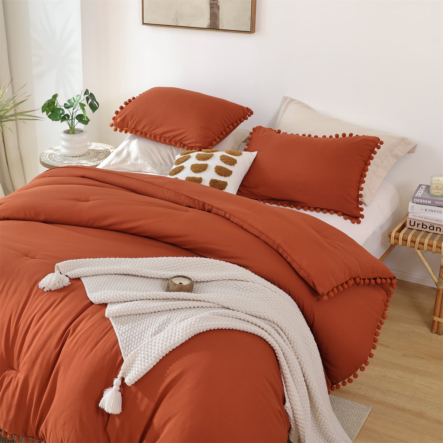 SPRINDAY 3 Piece Ball Pom Fringe Design Comforter Set For All Seasons - Full, Terracotta Red