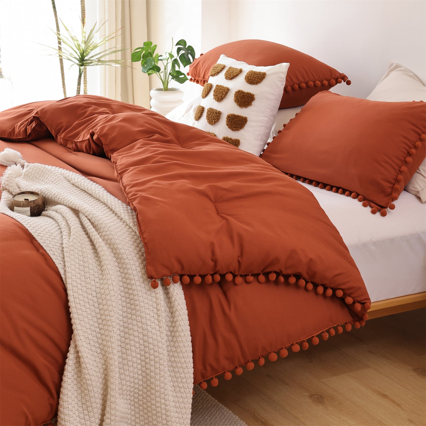 SPRINDAY 3 Piece Ball Pom Fringe Design Comforter Set For All Seasons - Full, Terracotta Red