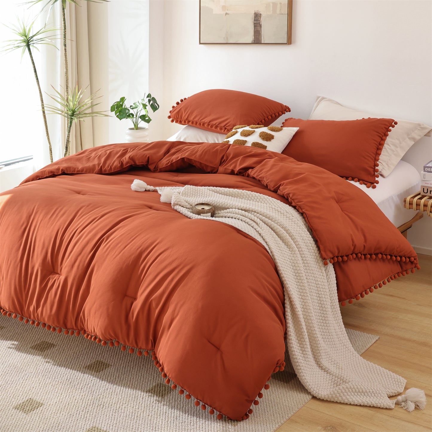 SPRINDAY 3 Piece Ball Pom Fringe Design Comforter Set For All Seasons - Full, Terracotta Red