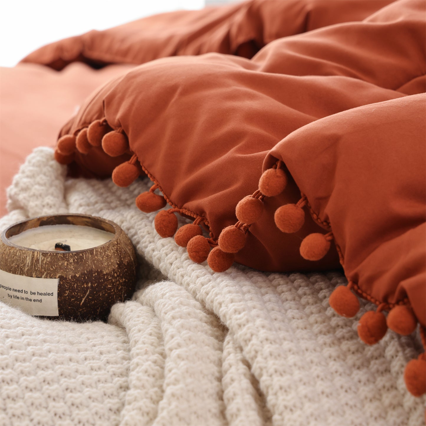 SPRINDAY 3 Piece Ball Pom Fringe Design Comforter Set For All Seasons - Full, Terracotta Red