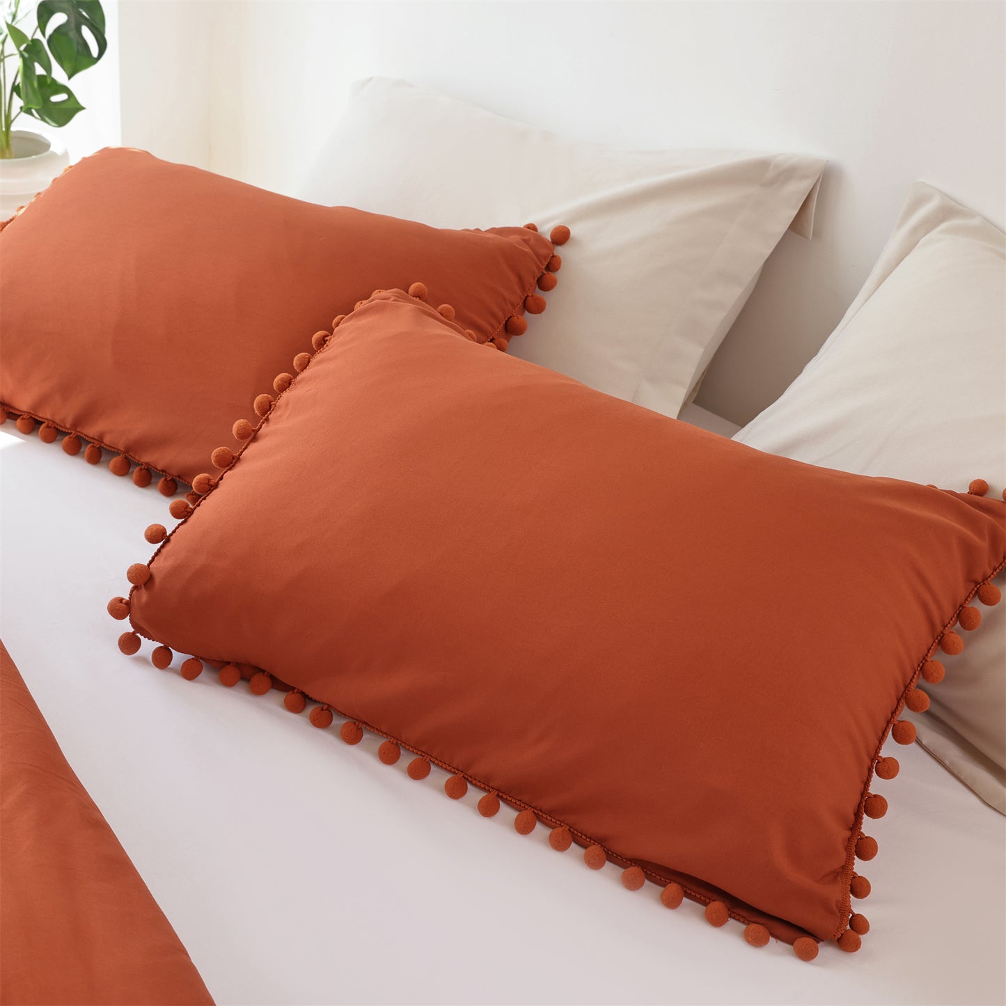 SPRINDAY 3 Piece Ball Pom Fringe Design Comforter Set For All Seasons - Full, Terracotta Red