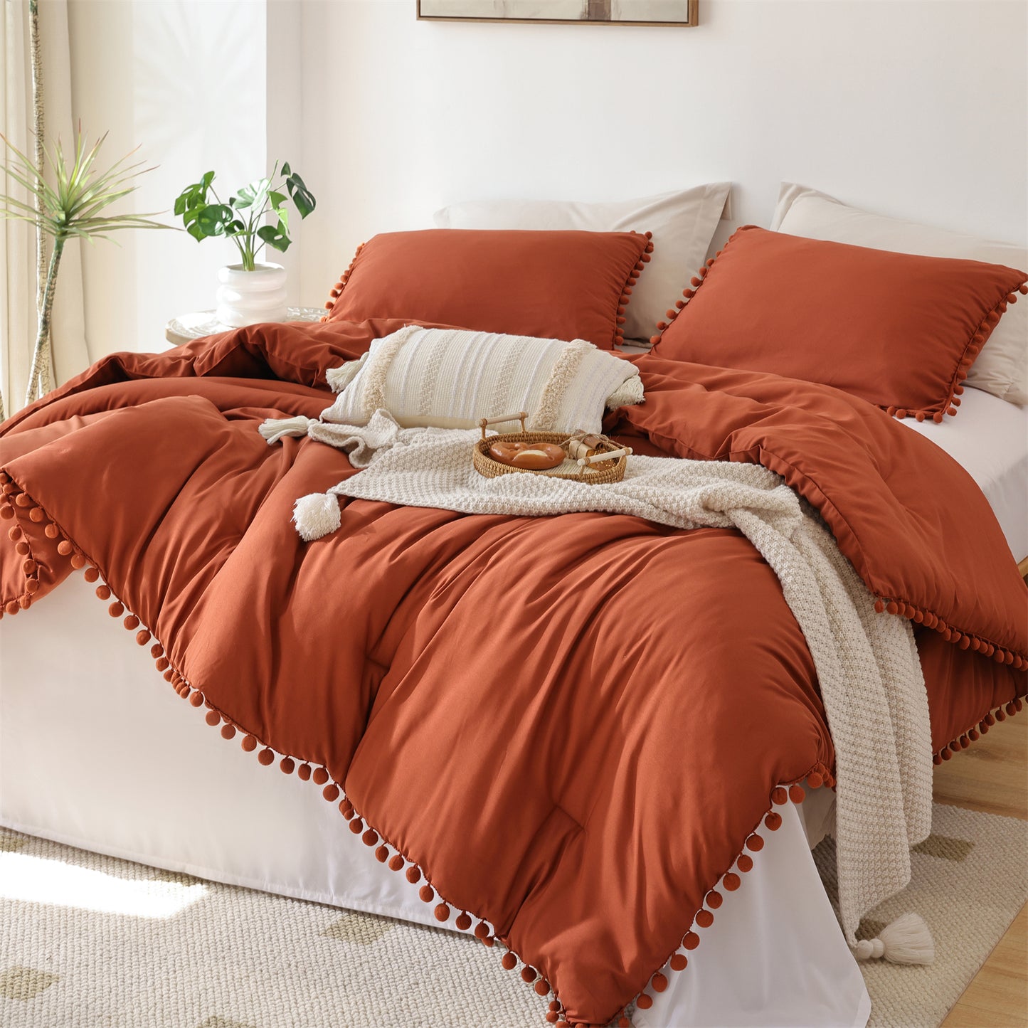 SPRINDAY 3 Piece Ball Pom Fringe Design Comforter Set For All Seasons - Full, Terracotta Red