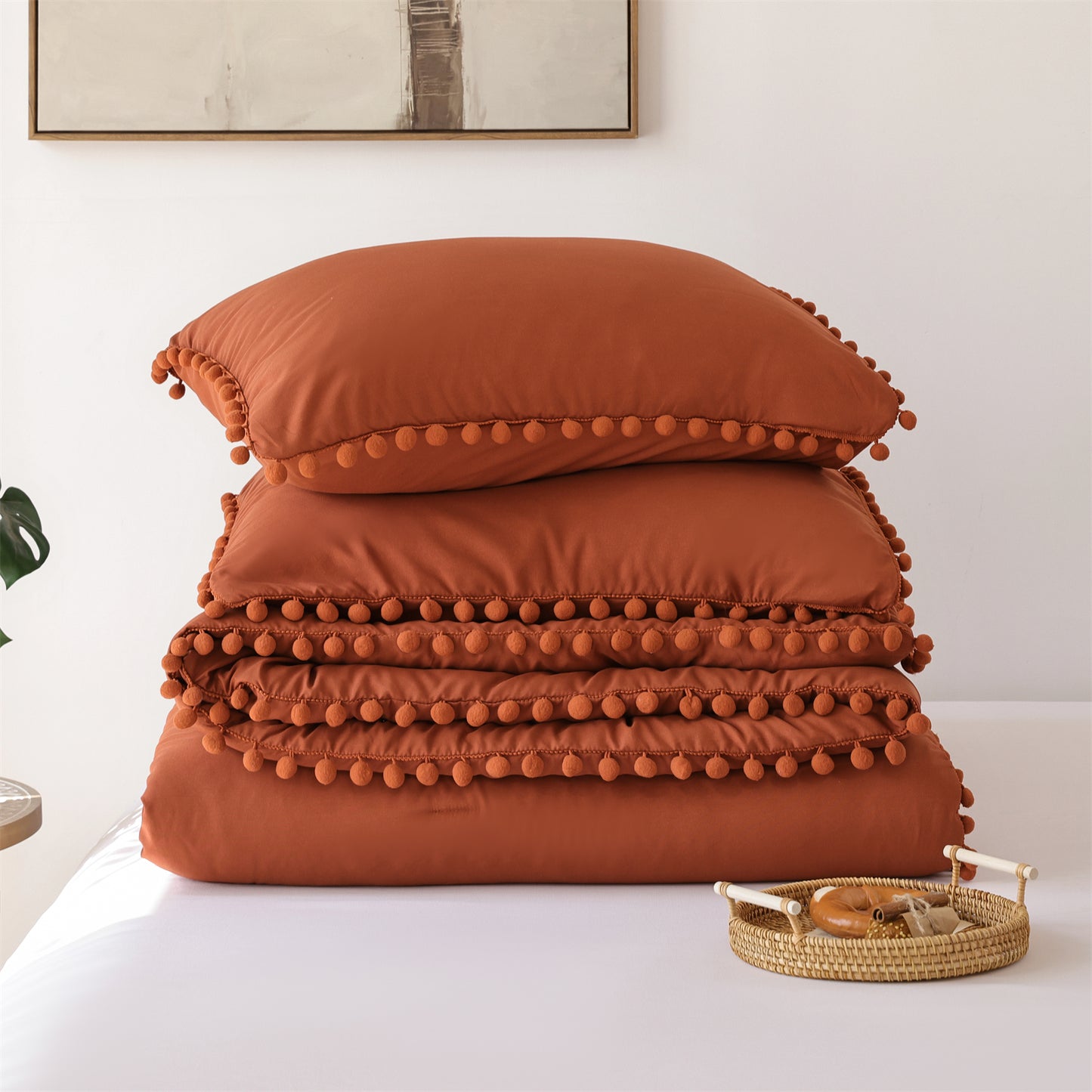 SPRINDAY 3 Piece Ball Pom Fringe Design Comforter Set For All Seasons - Full, Terracotta Red