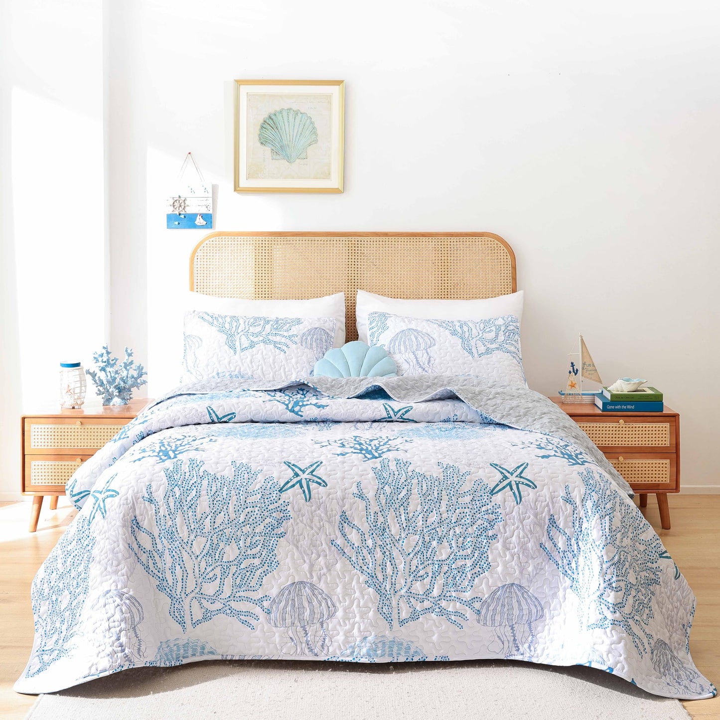 Quilt Set  Lightweight Boho Bedding Bedspreads with Geometric Printed for All Season 3 Piece (1 Quilt, 2 Pillowcases)