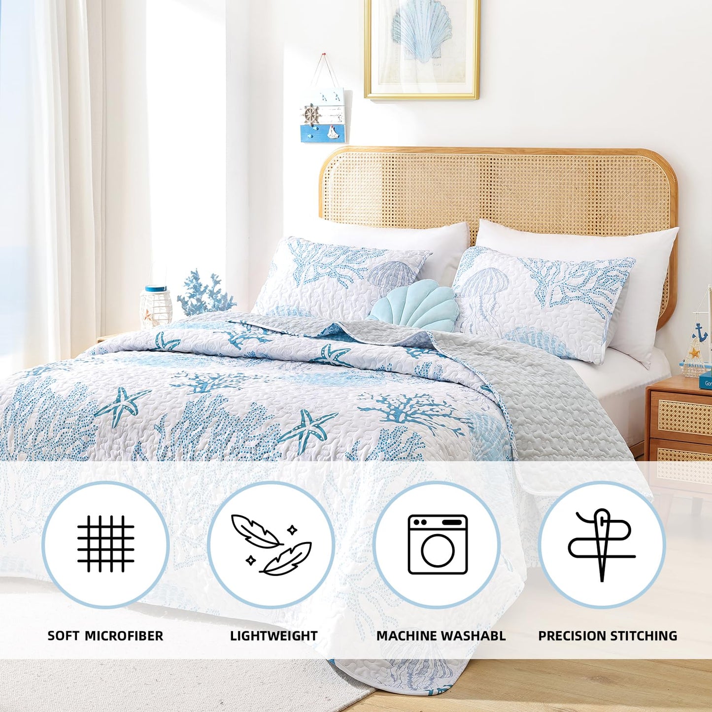 Quilt Set  Lightweight Boho Bedding Bedspreads with Geometric Printed for All Season 3 Piece (1 Quilt, 2 Pillowcases)
