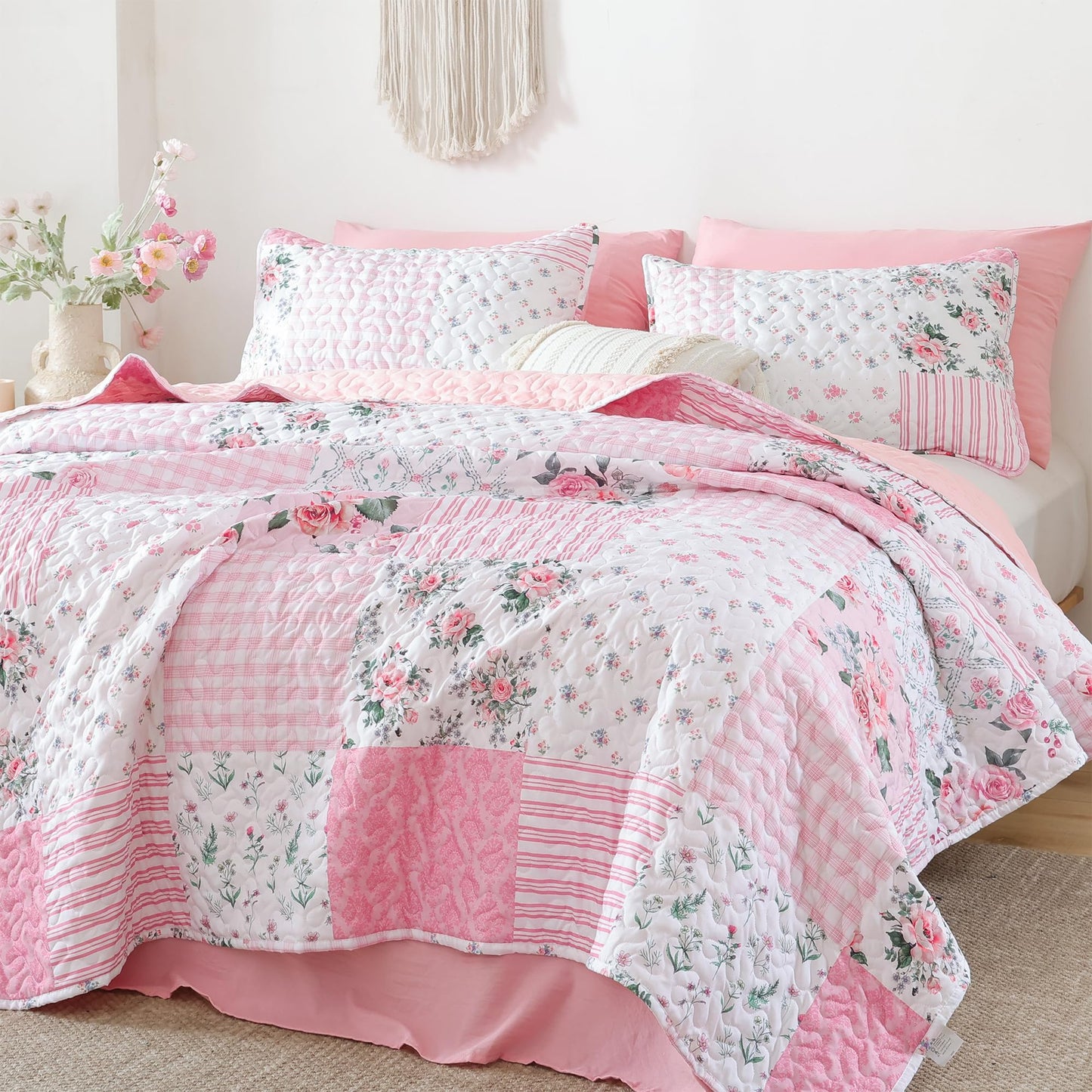 Quilt Set  Lightweight Boho Bedding Bedspreads with Geometric Printed for All Season 3 Piece (1 Quilt, 2 Pillowcases)