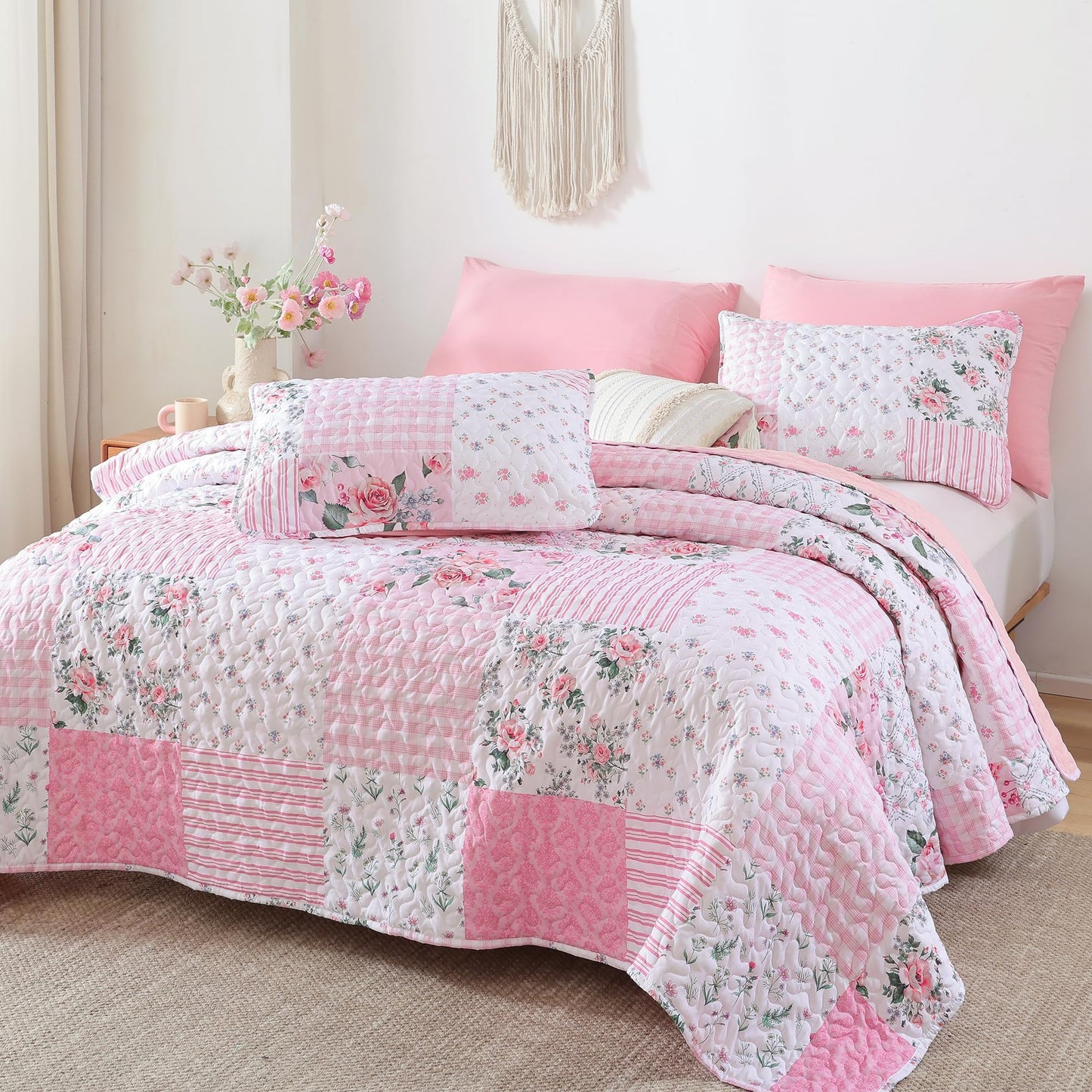 Quilt Set  Lightweight Boho Bedding Bedspreads with Geometric Printed for All Season 3 Piece (1 Quilt, 2 Pillowcases)