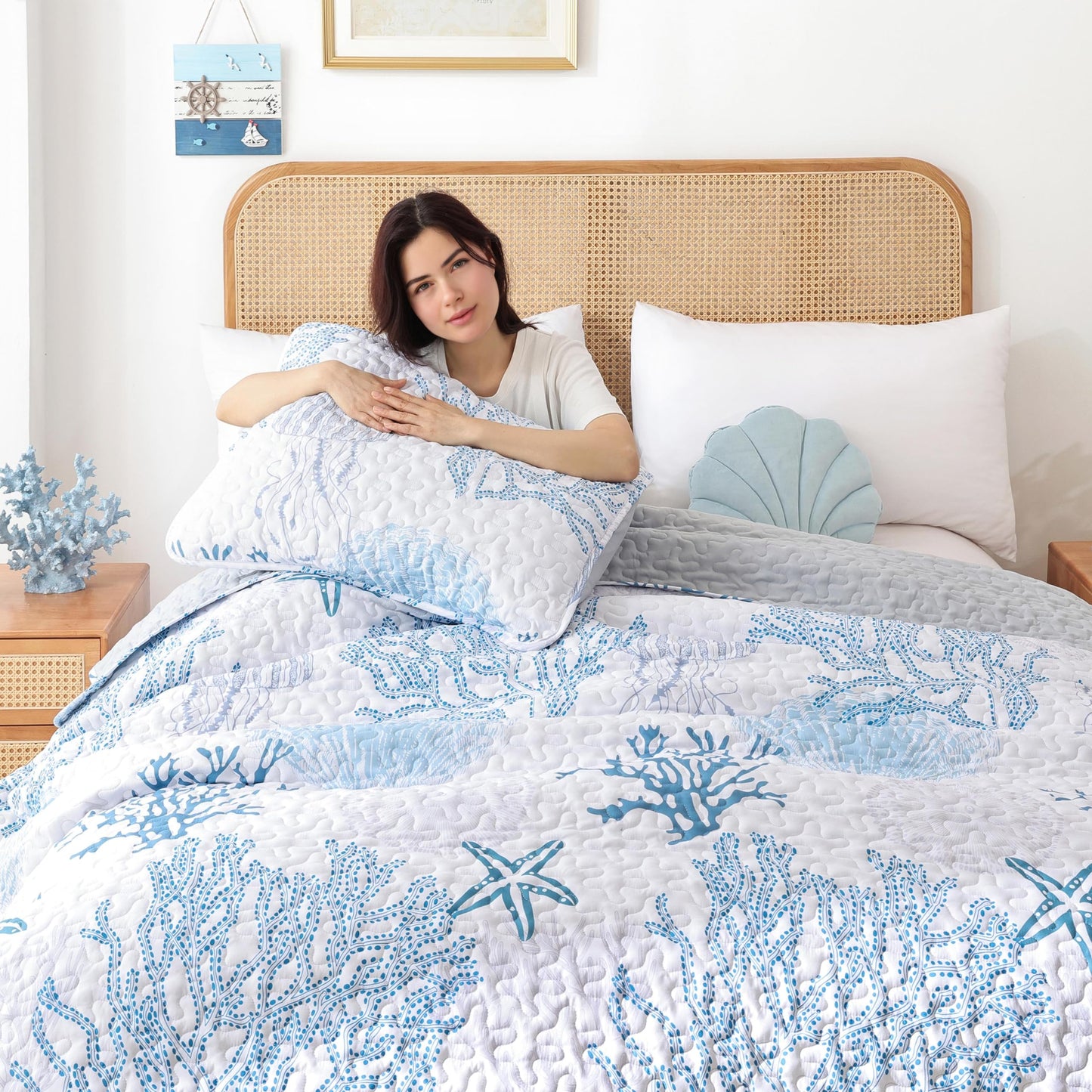 Quilt Set  Lightweight Boho Bedding Bedspreads with Geometric Printed for All Season 3 Piece (1 Quilt, 2 Pillowcases)